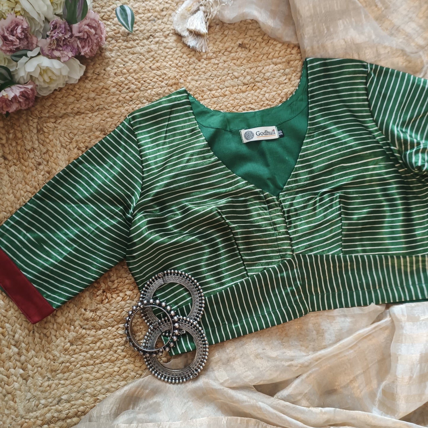Green Gaji Silk Stripes Blouse