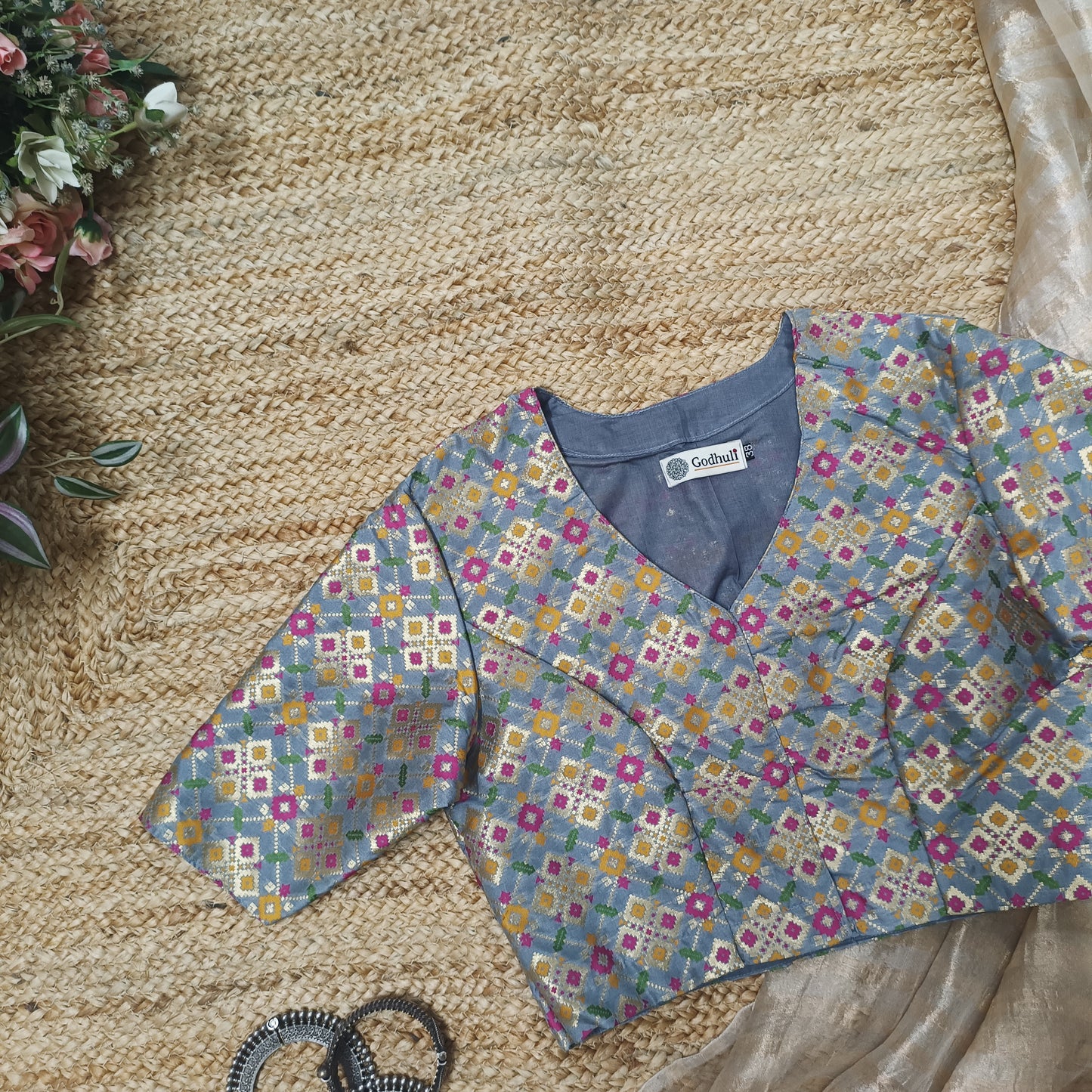 Grey Patola Motif Banarasi Brocade Blouse