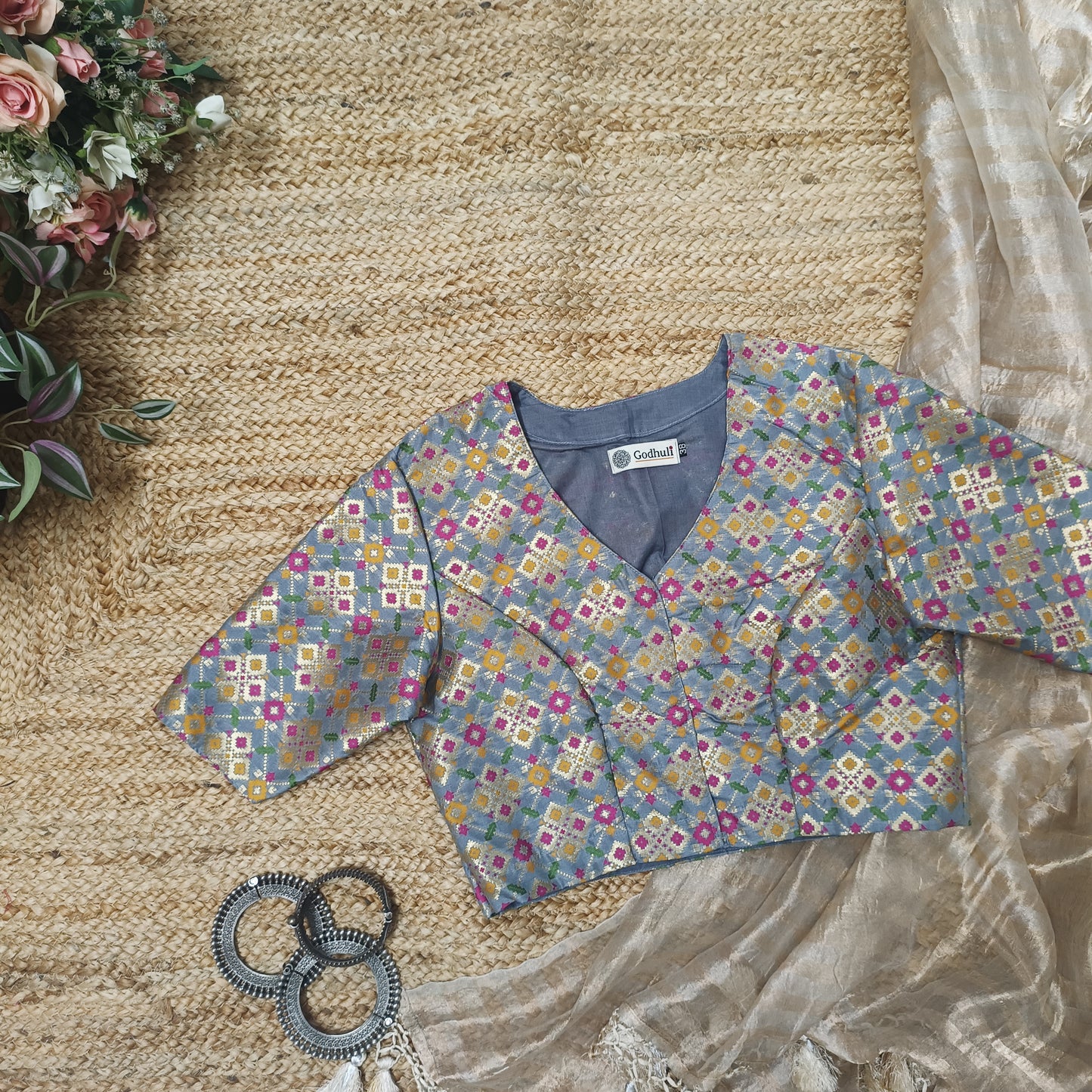 Grey Patola Motif Banarasi Brocade Blouse
