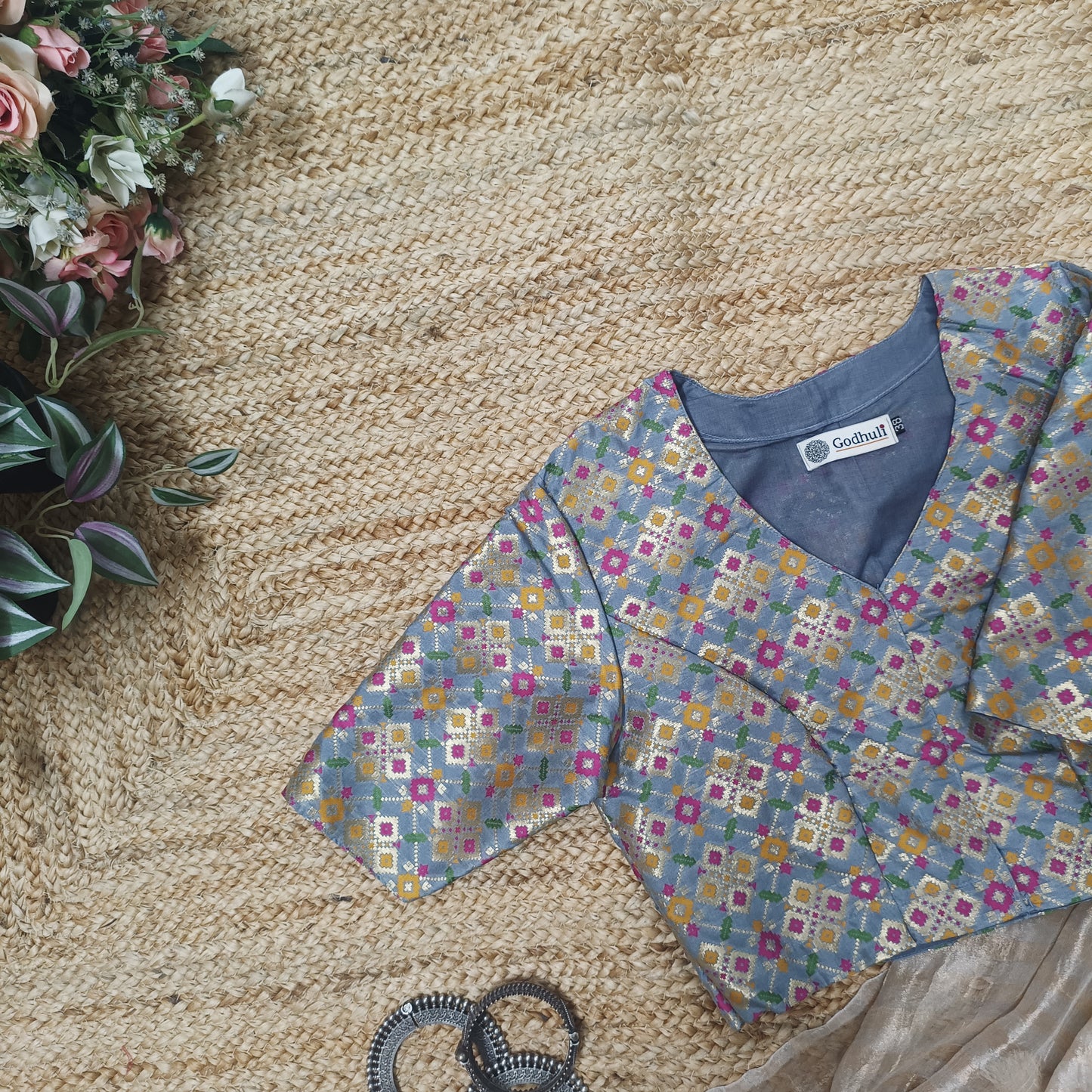 Grey Patola Motif Banarasi Brocade Blouse