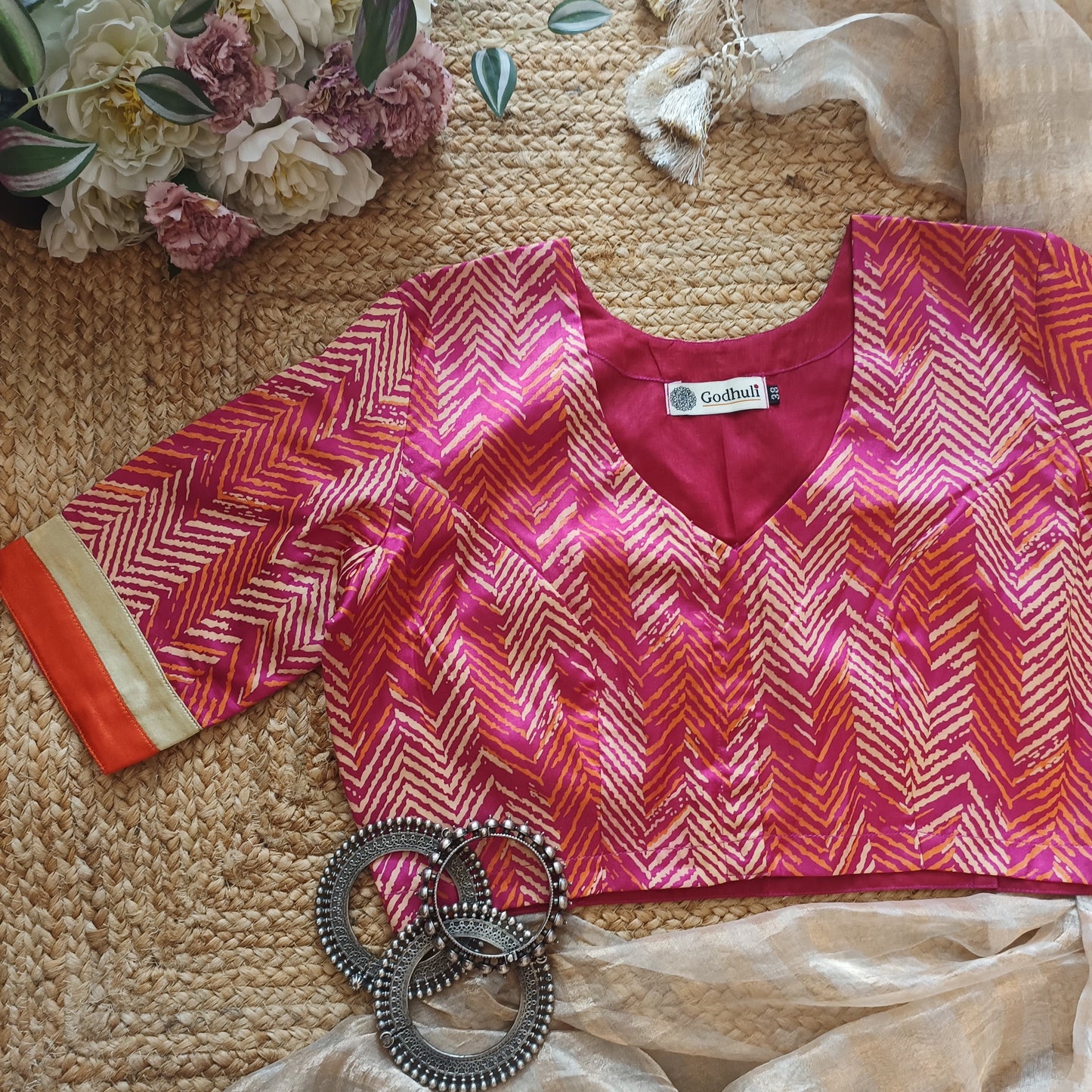 Hot Pink Gaji Silk Chevron Print Blouse