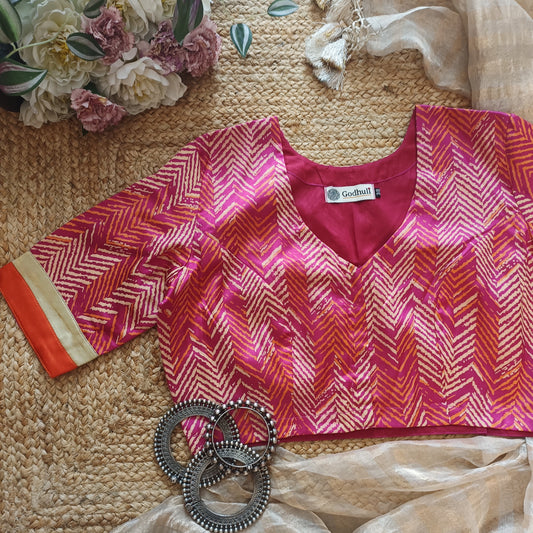 Hot Pink Gaji Silk Chevron Print Blouse