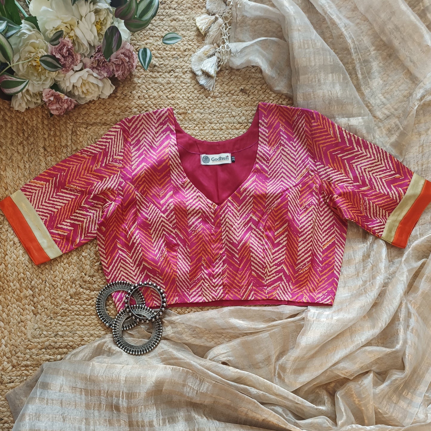 Hot Pink Gaji Silk Chevron Print Blouse
