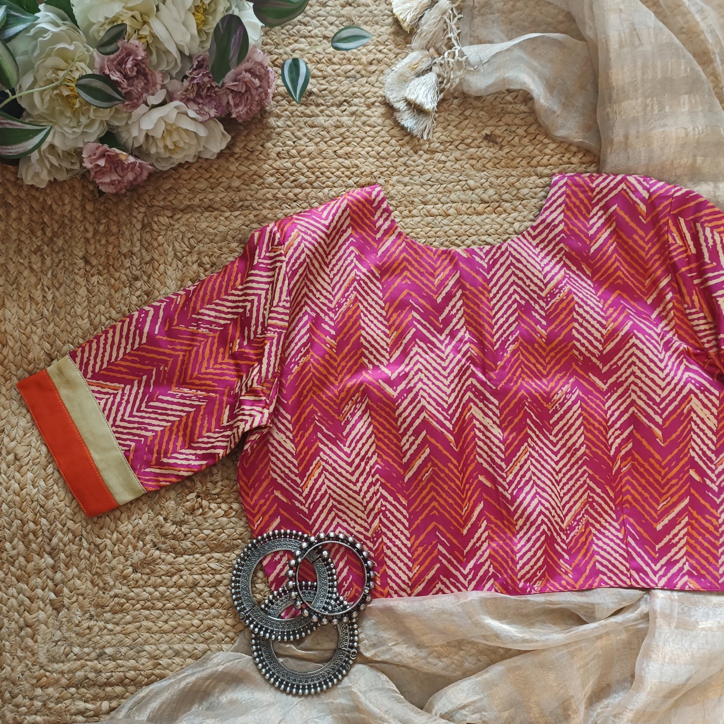 Hot Pink Gaji Silk Chevron Print Blouse