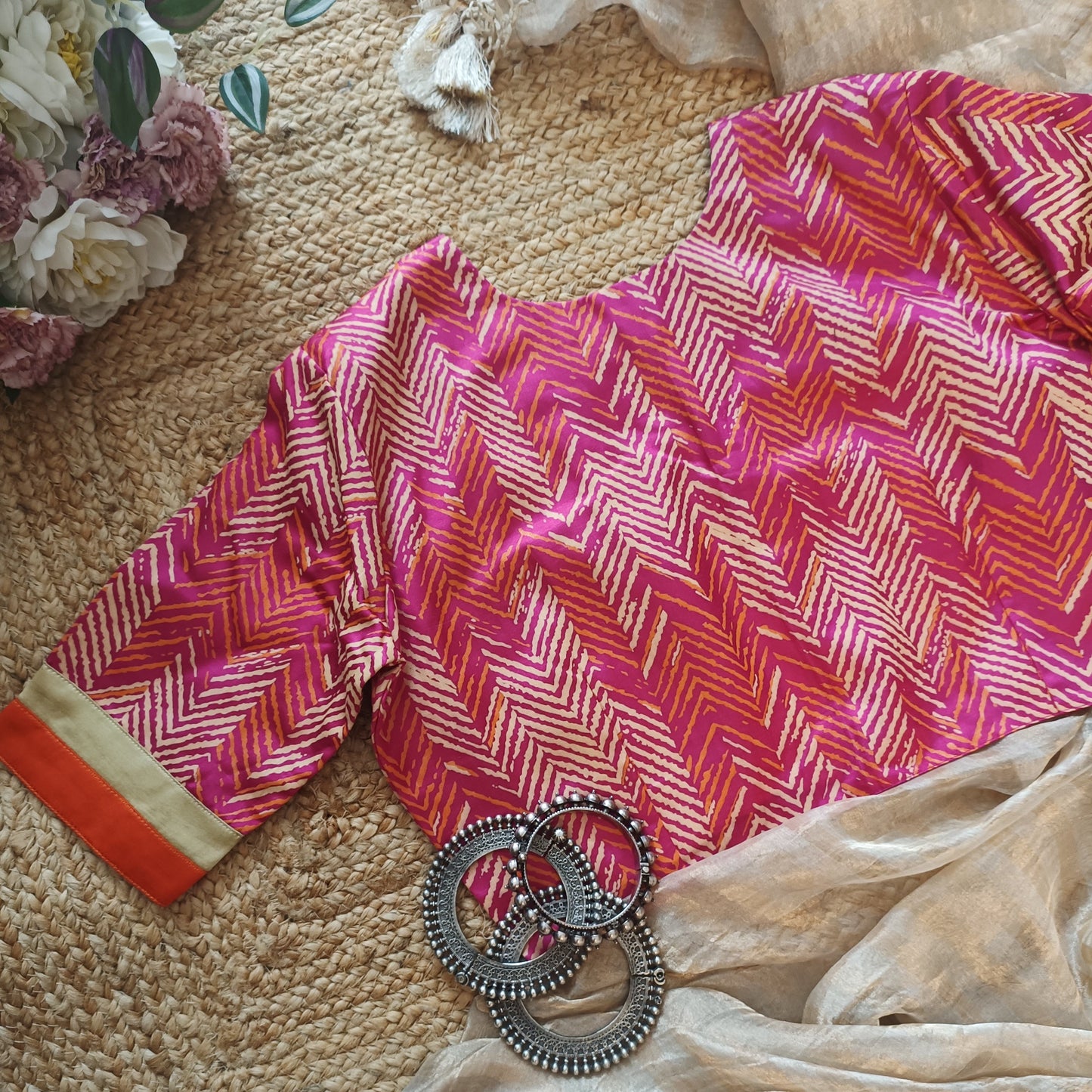 Hot Pink Gaji Silk Chevron Print Blouse