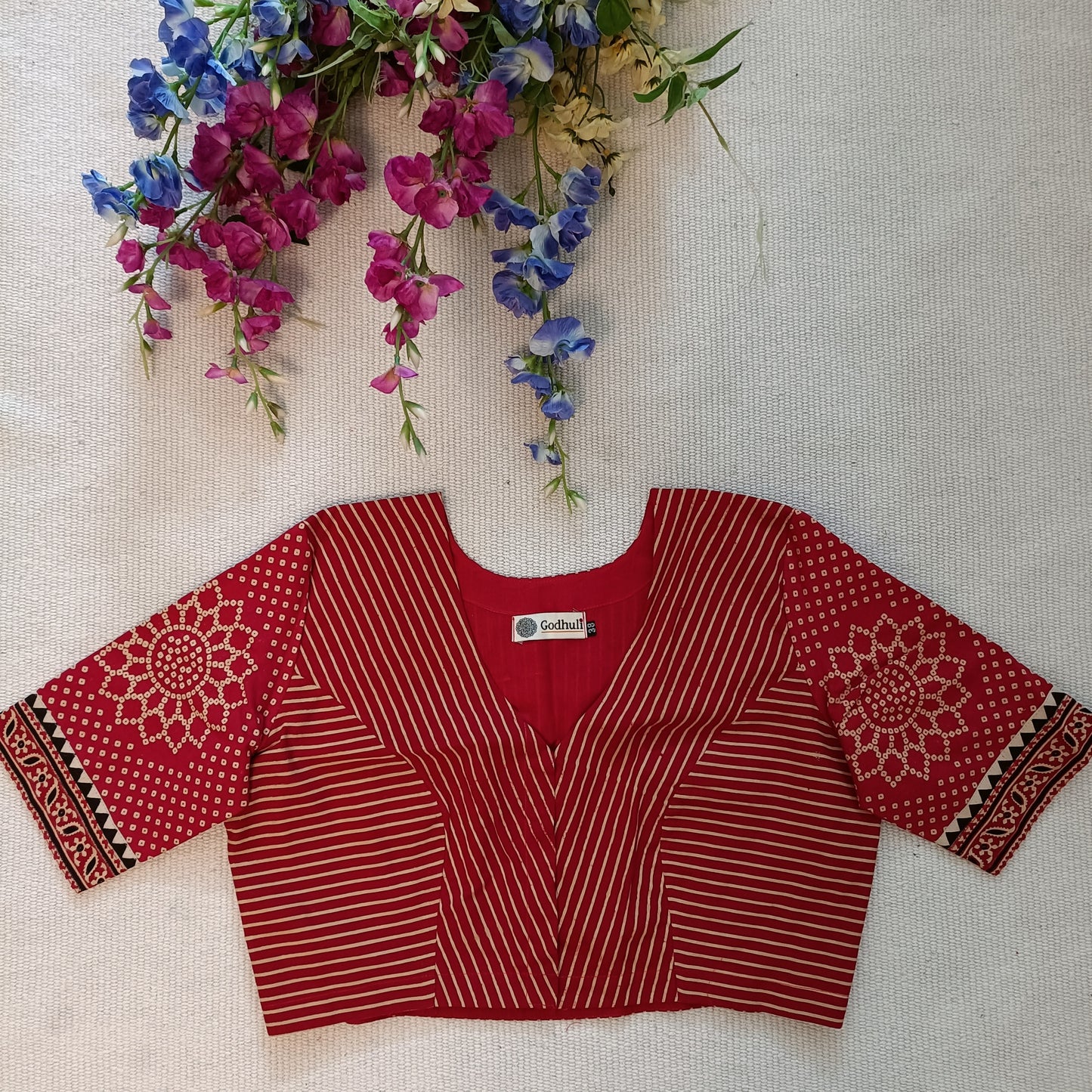 Red Bandhani-Stripes Print Gamathi Blouse