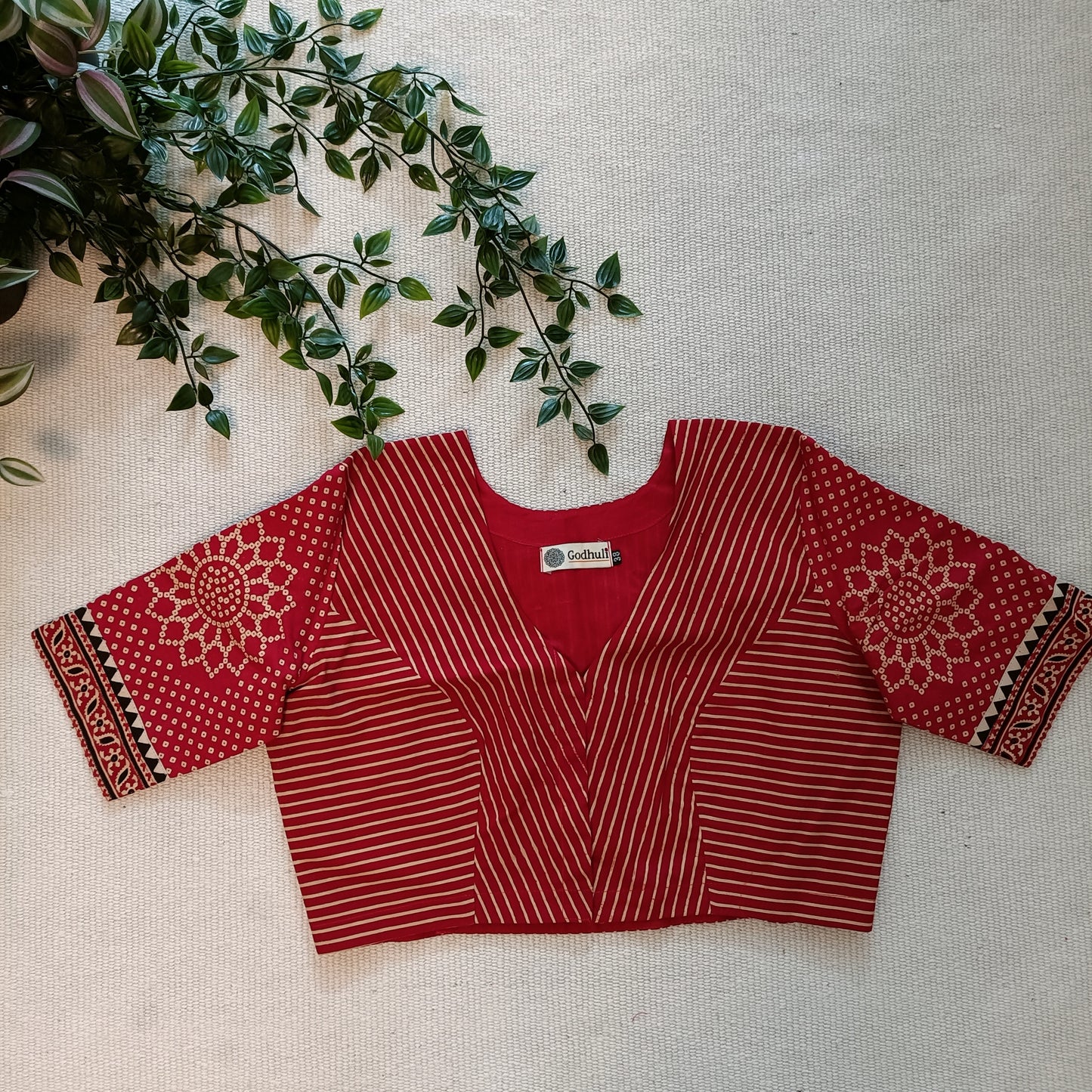 Red Bandhani-Stripes Print Gamathi Blouse