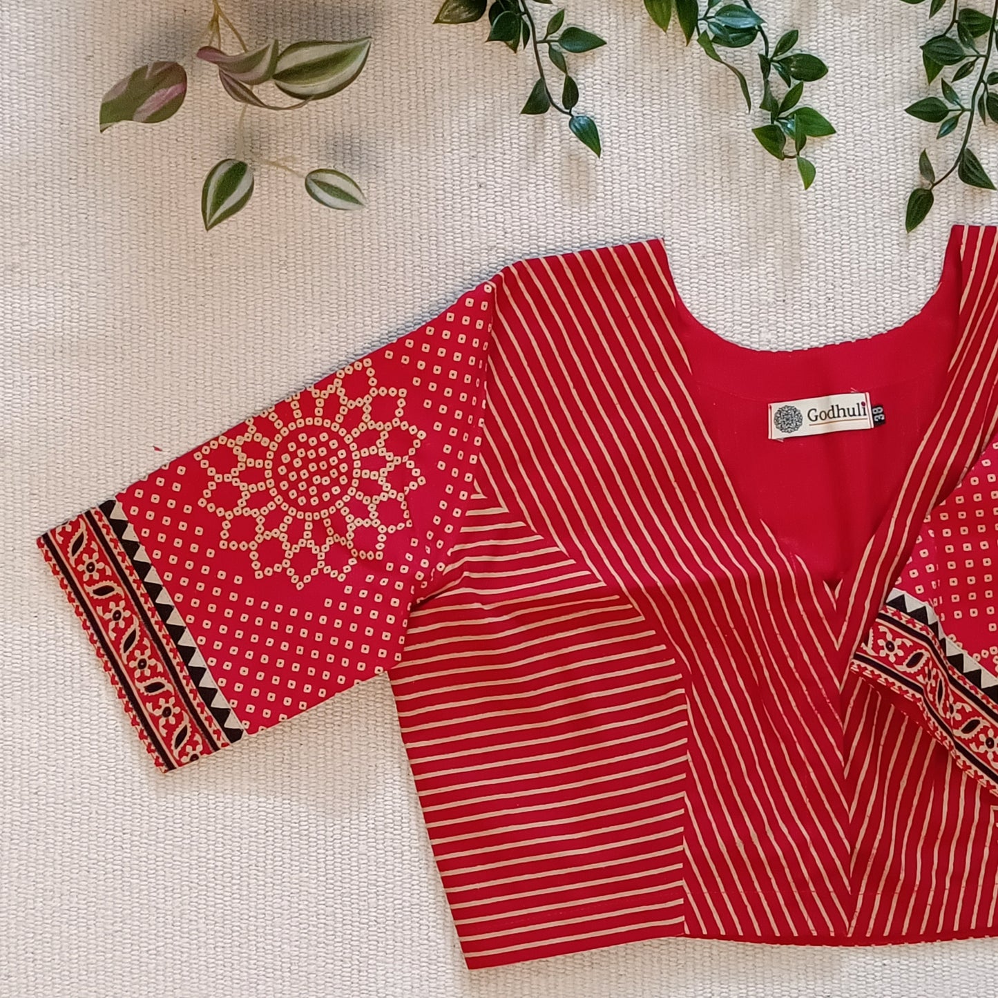 Red Bandhani-Stripes Print Gamathi Blouse