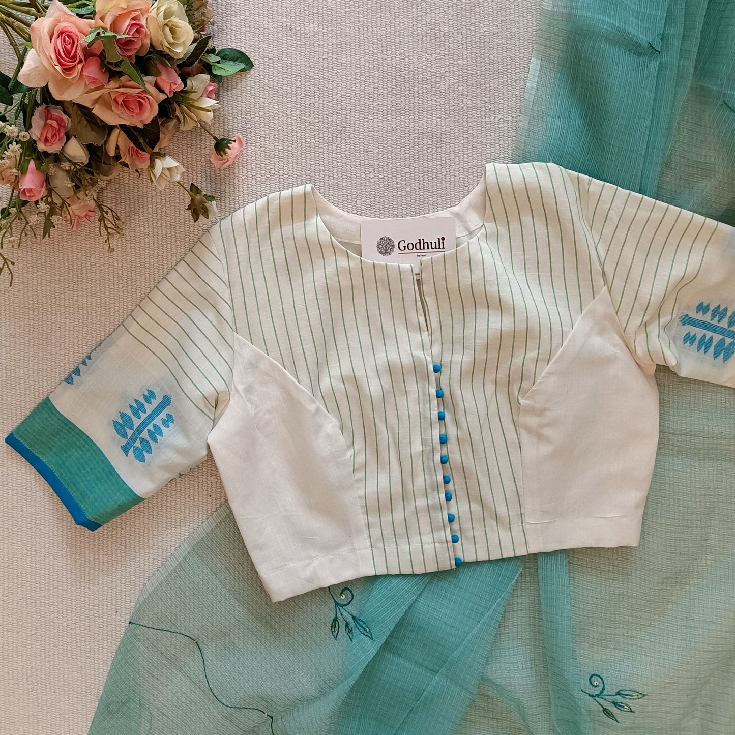 White Blouse with Blue Green Stripes