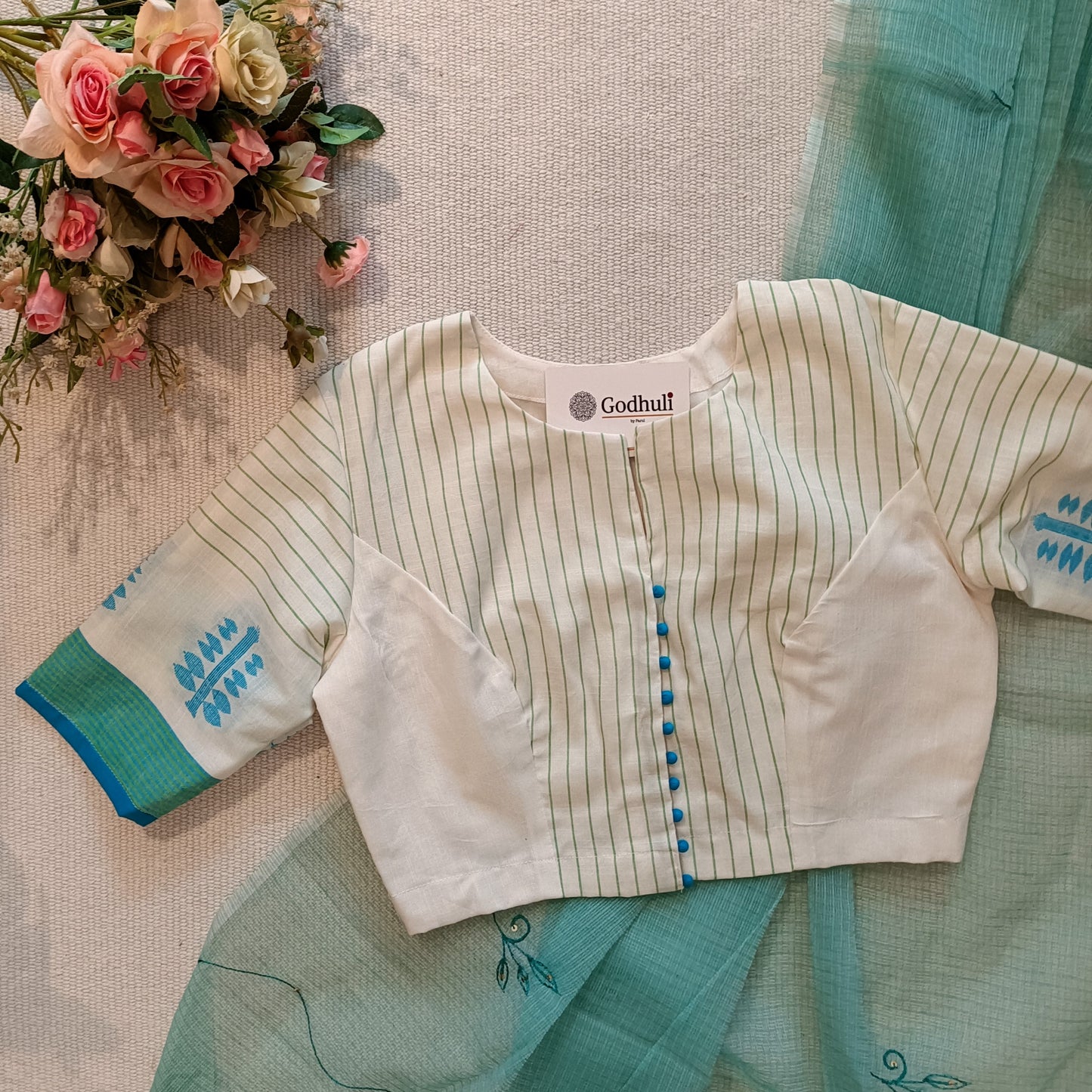White Blouse with Blue Green Stripes