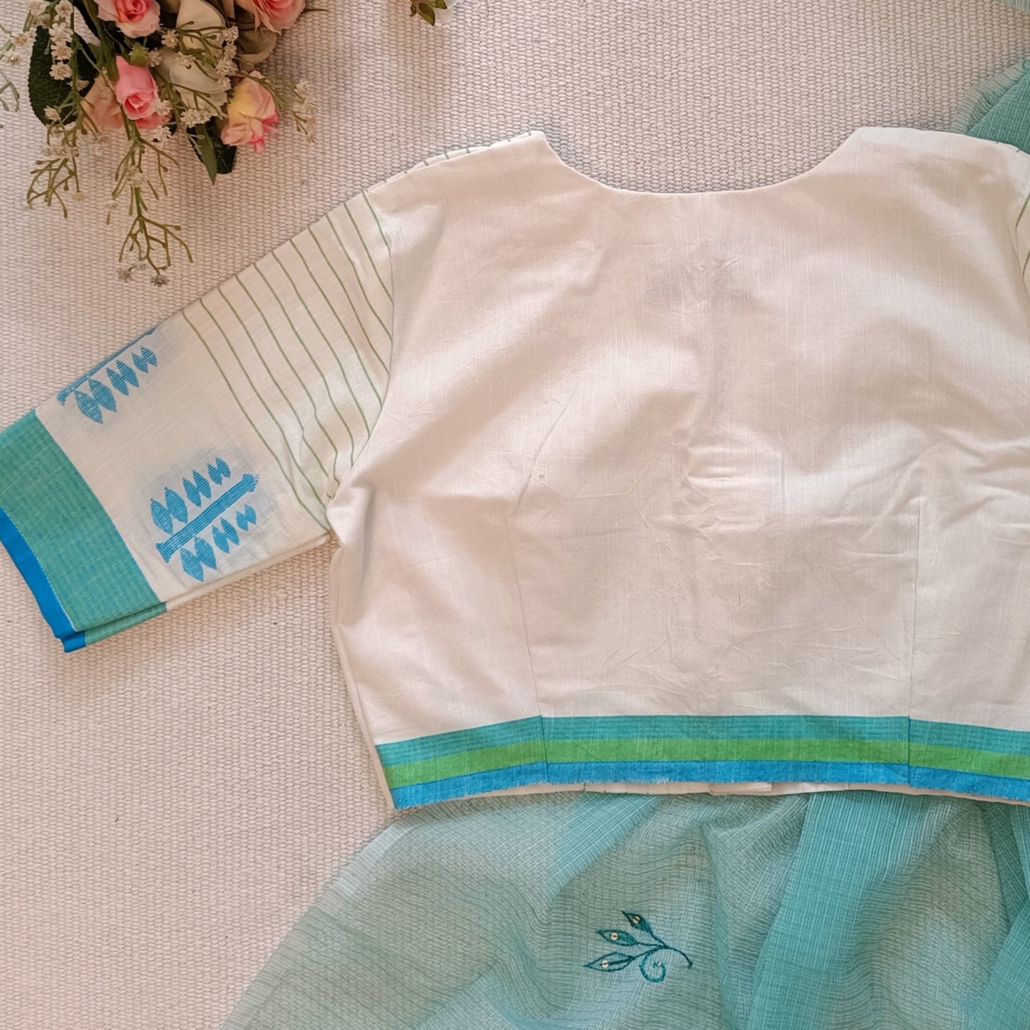 White Blouse with Blue Green Stripes