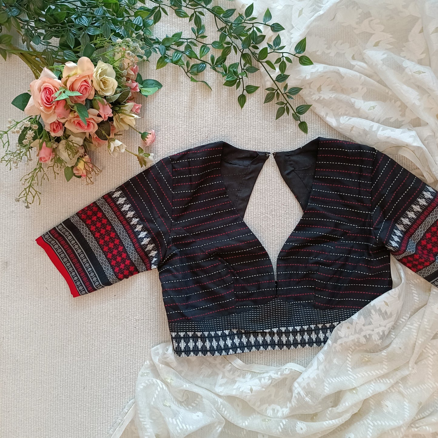 Black Deep Neck Jacquard Blouse