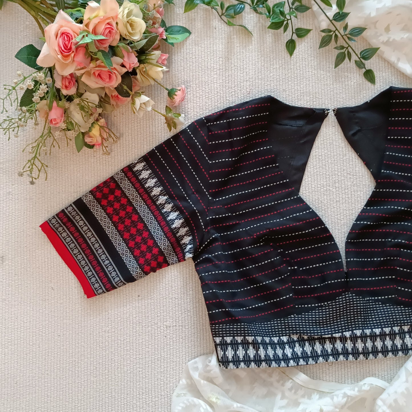 Black Deep Neck Jacquard Blouse
