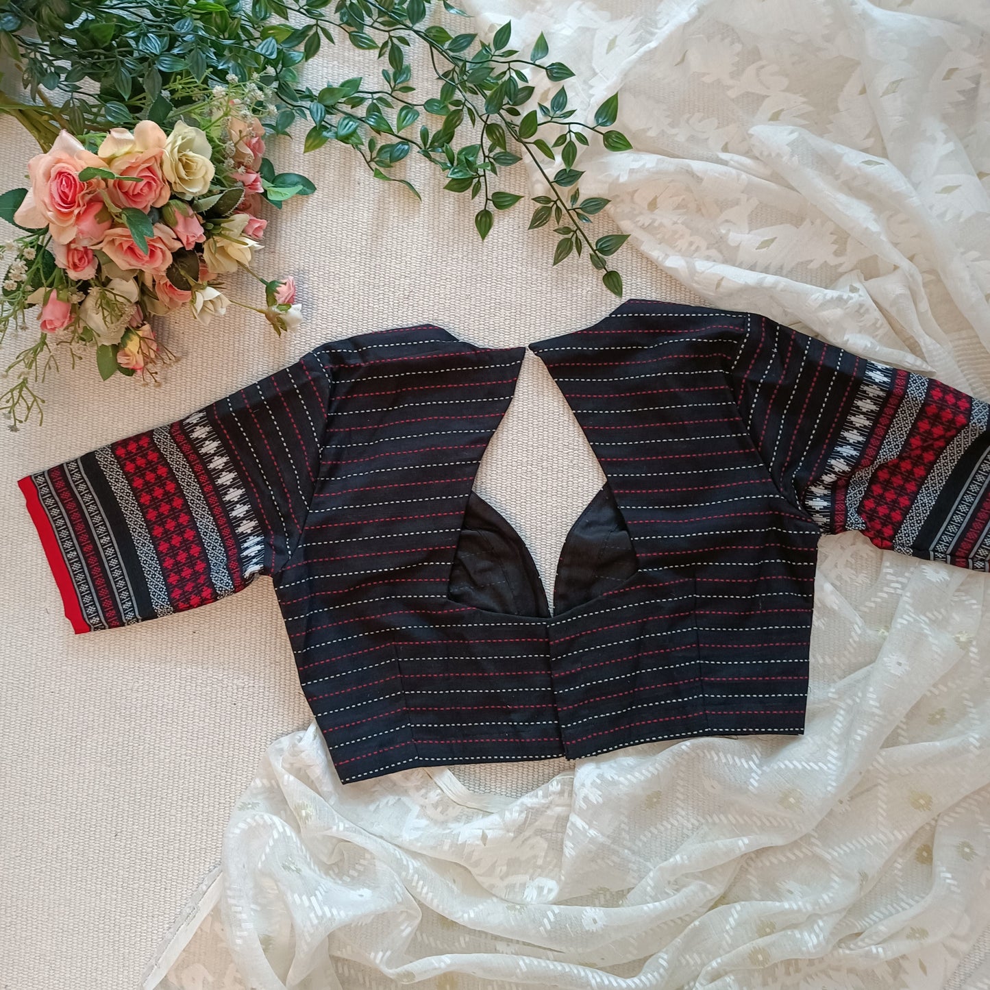 Black Deep Neck Jacquard Blouse