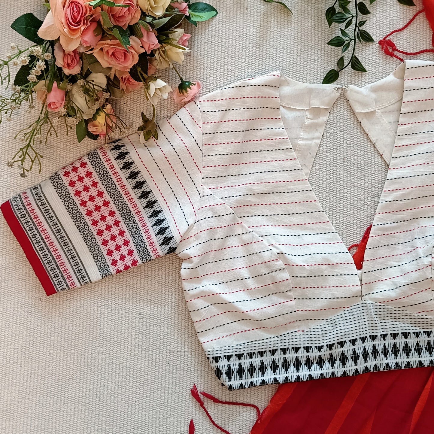 White Deep Neck Jacquard Blouse