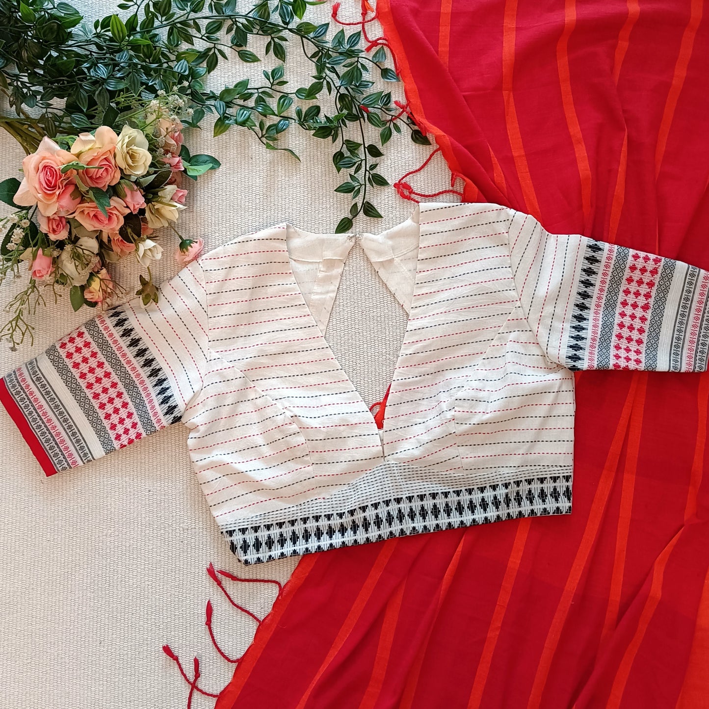 White Deep Neck Jacquard Blouse