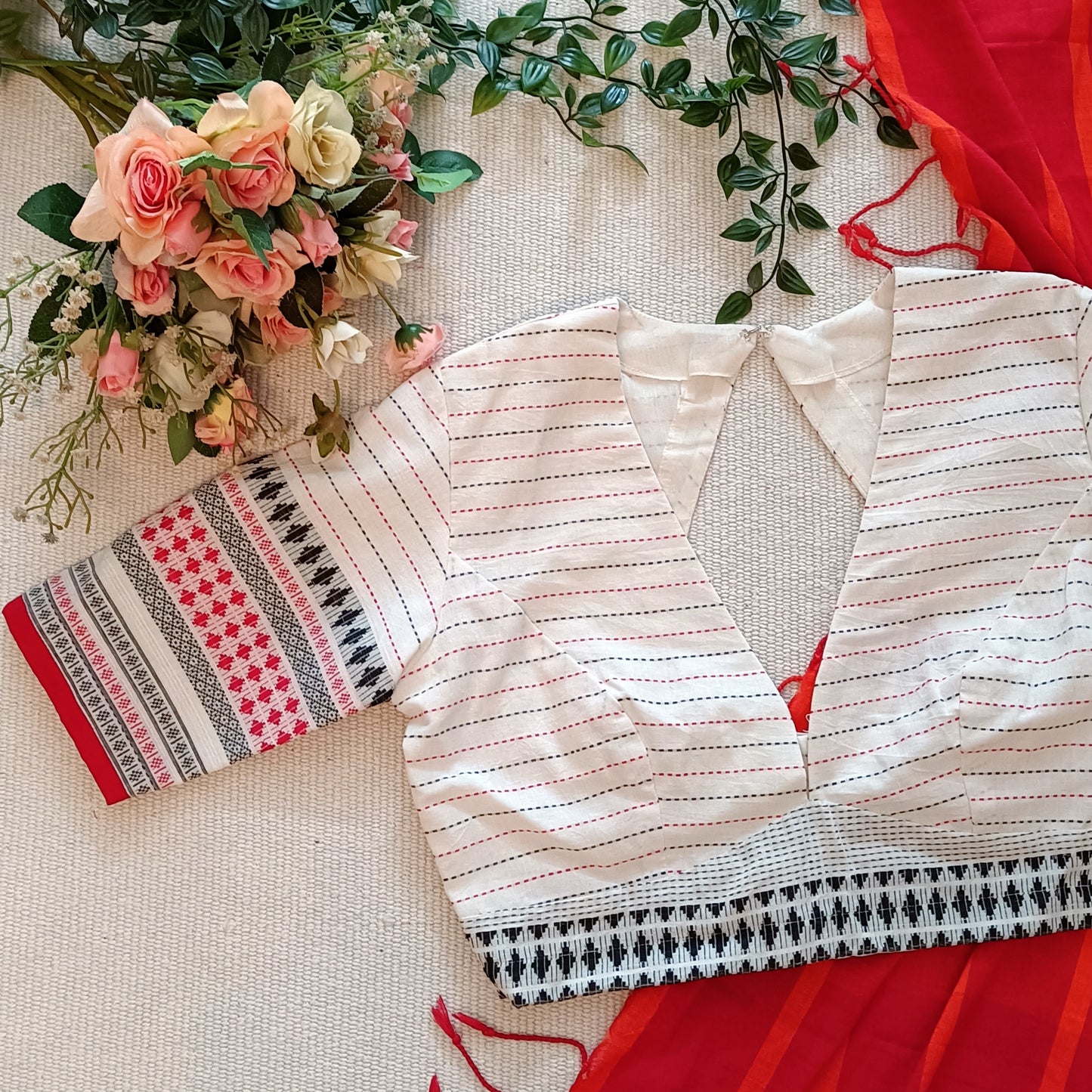 White Deep Neck Jacquard Blouse