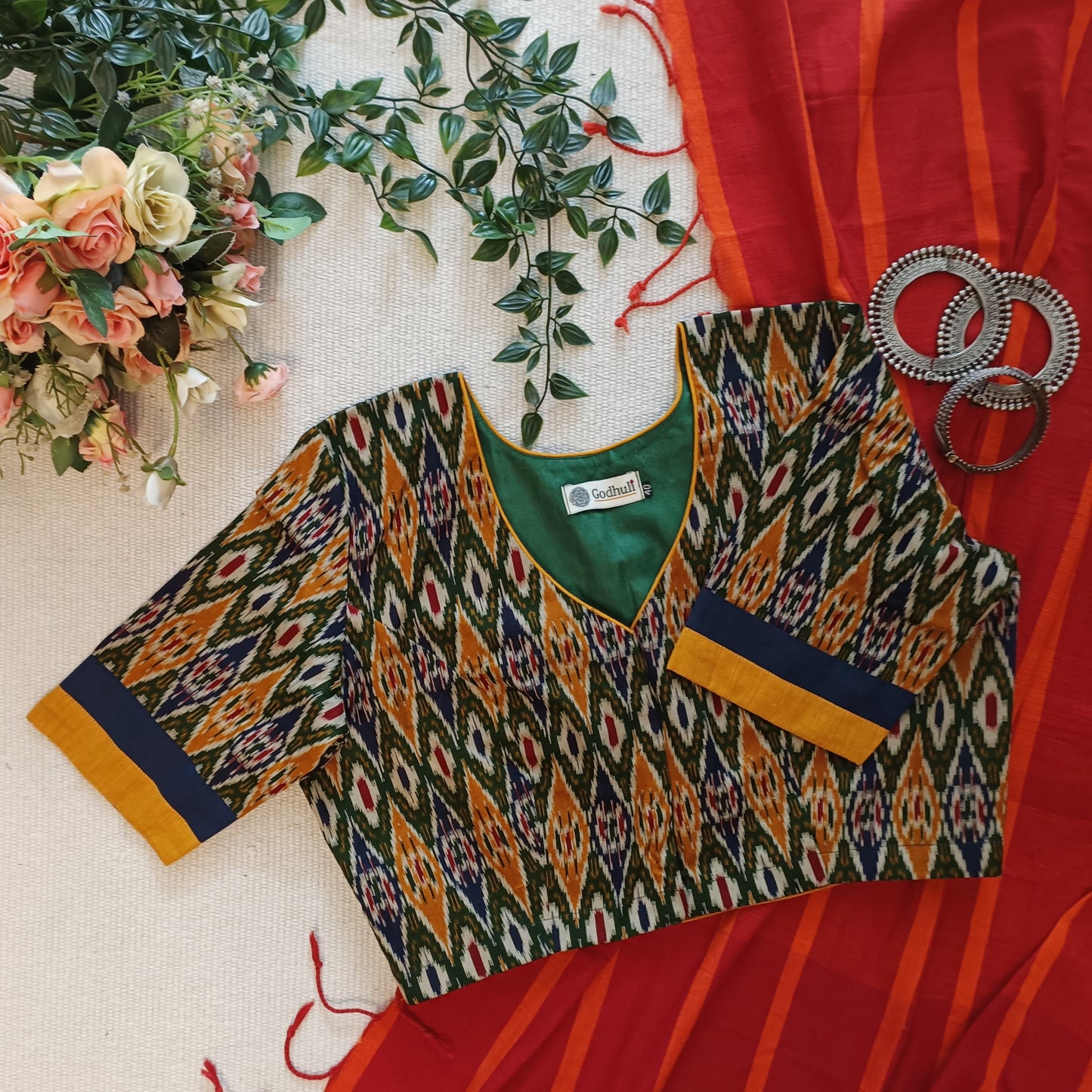 Blue Mustard Green Ikat Print Flax Cotton Blouse
