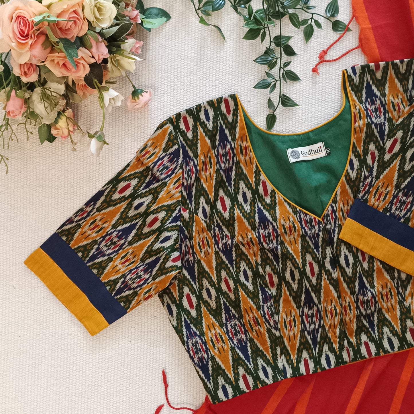 Blue Mustard Green Ikat Print Flax Cotton Blouse