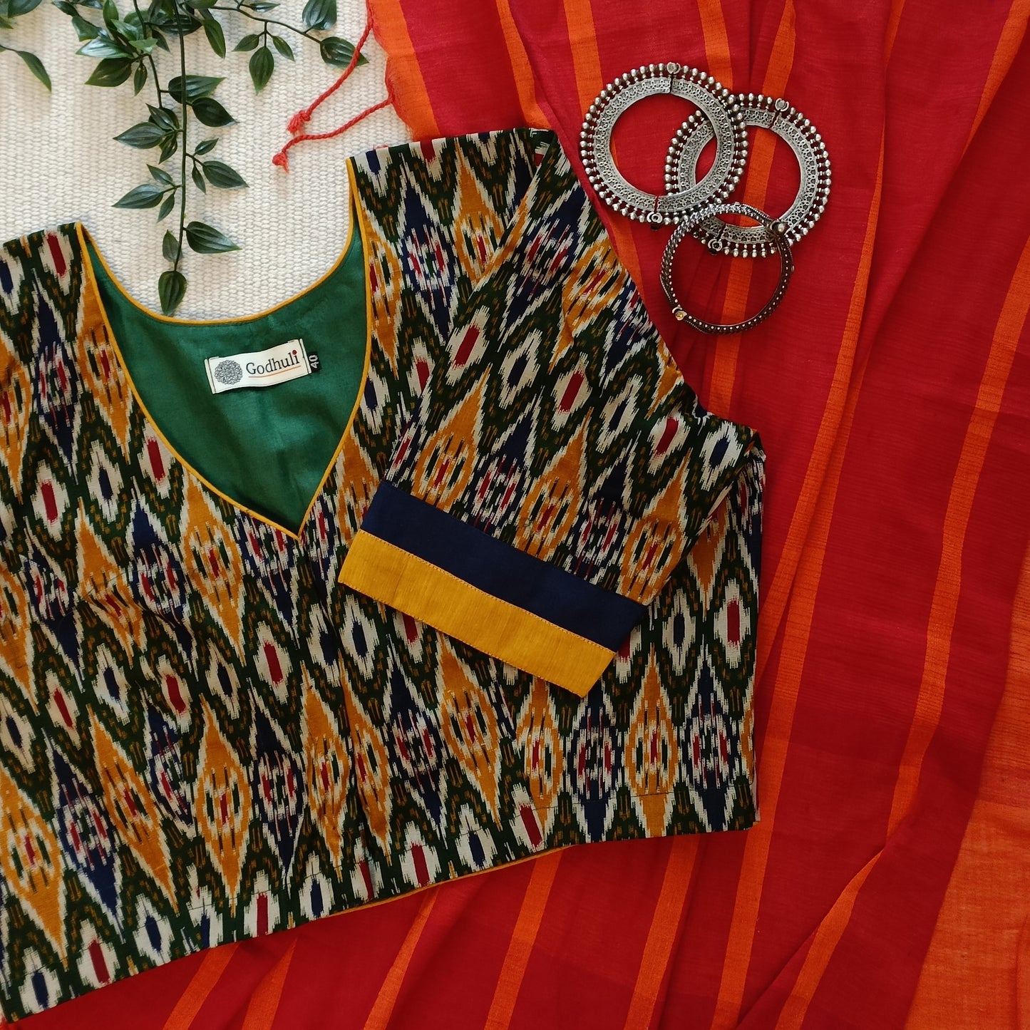 Blue Mustard Green Ikat Print Flax Cotton Blouse