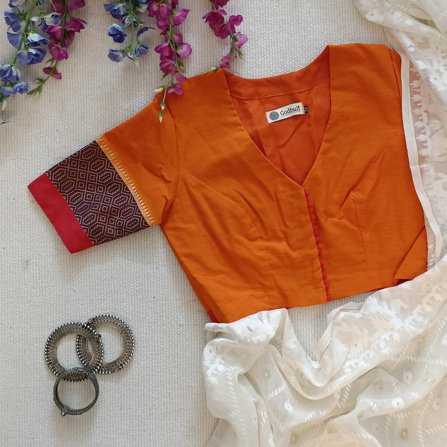 Orange Narayanpet Border Blouse