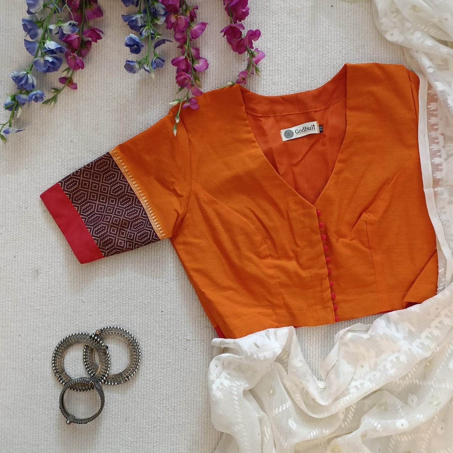 Orange Narayanpet Border Blouse