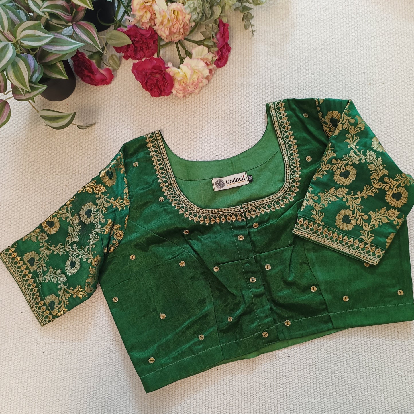 Bottle Green Silk Brocade Sleeves Aari Work Blouse