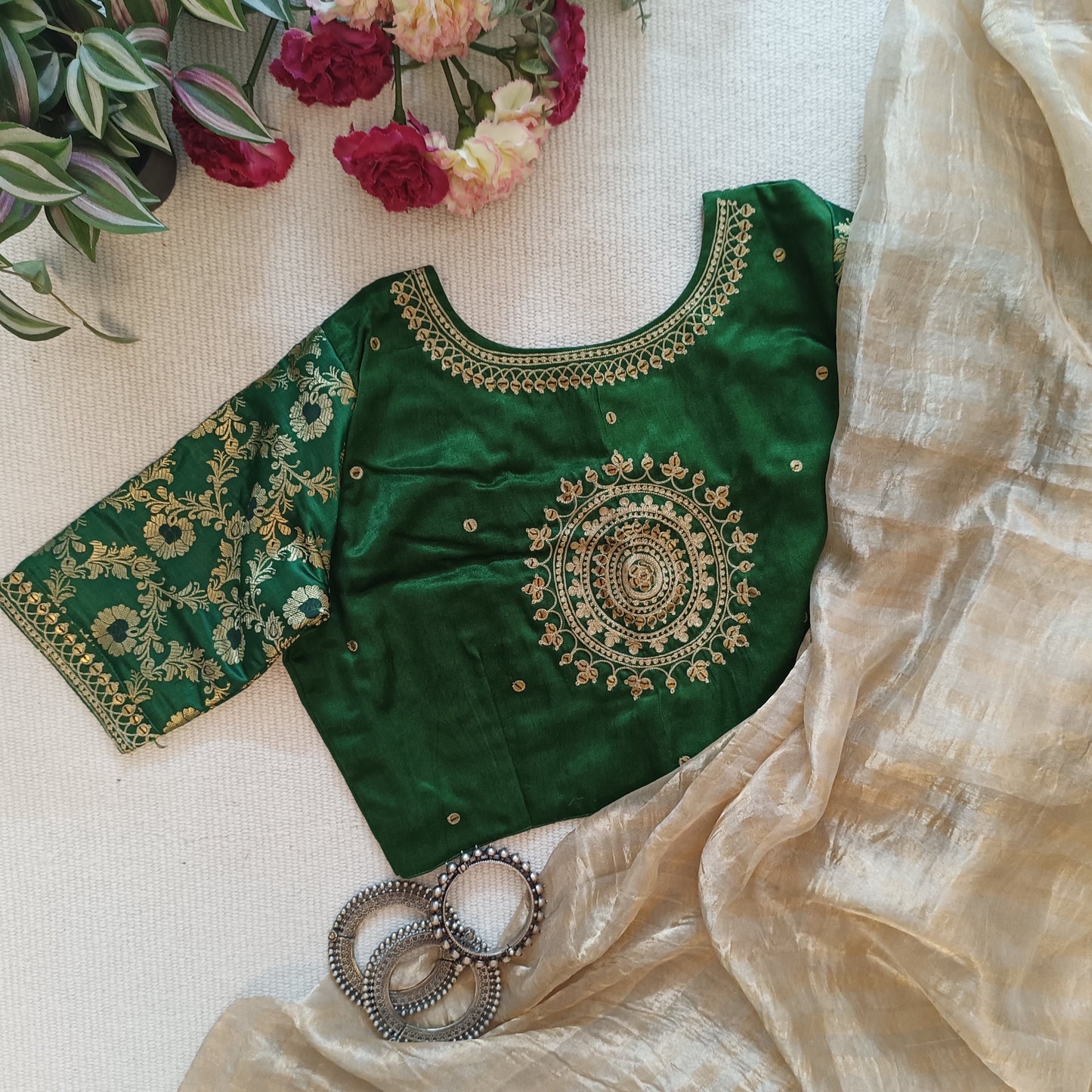 Bottle Green Silk Brocade Sleeves Aari Work Blouse