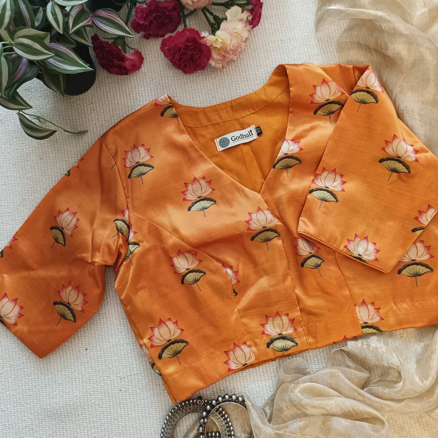 Artificial Bamboo Silk Godhuli Lotus Print Blouse