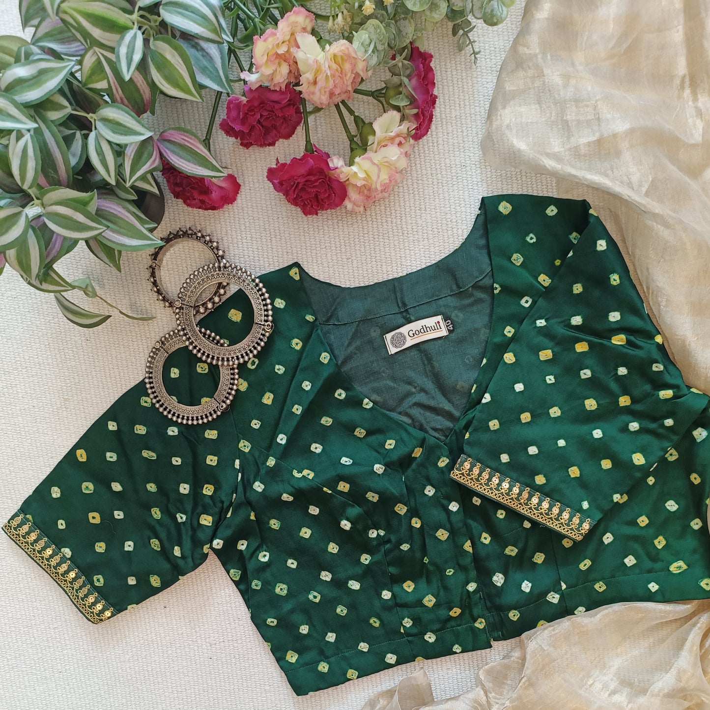 Bottle Green Modal Silk Bandhani Blouse