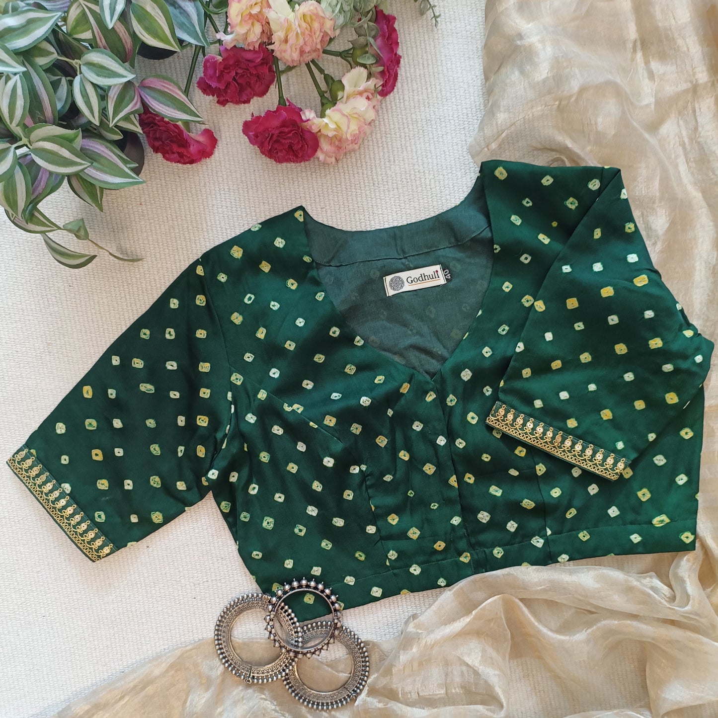 Bottle Green Modal Silk Bandhani Blouse