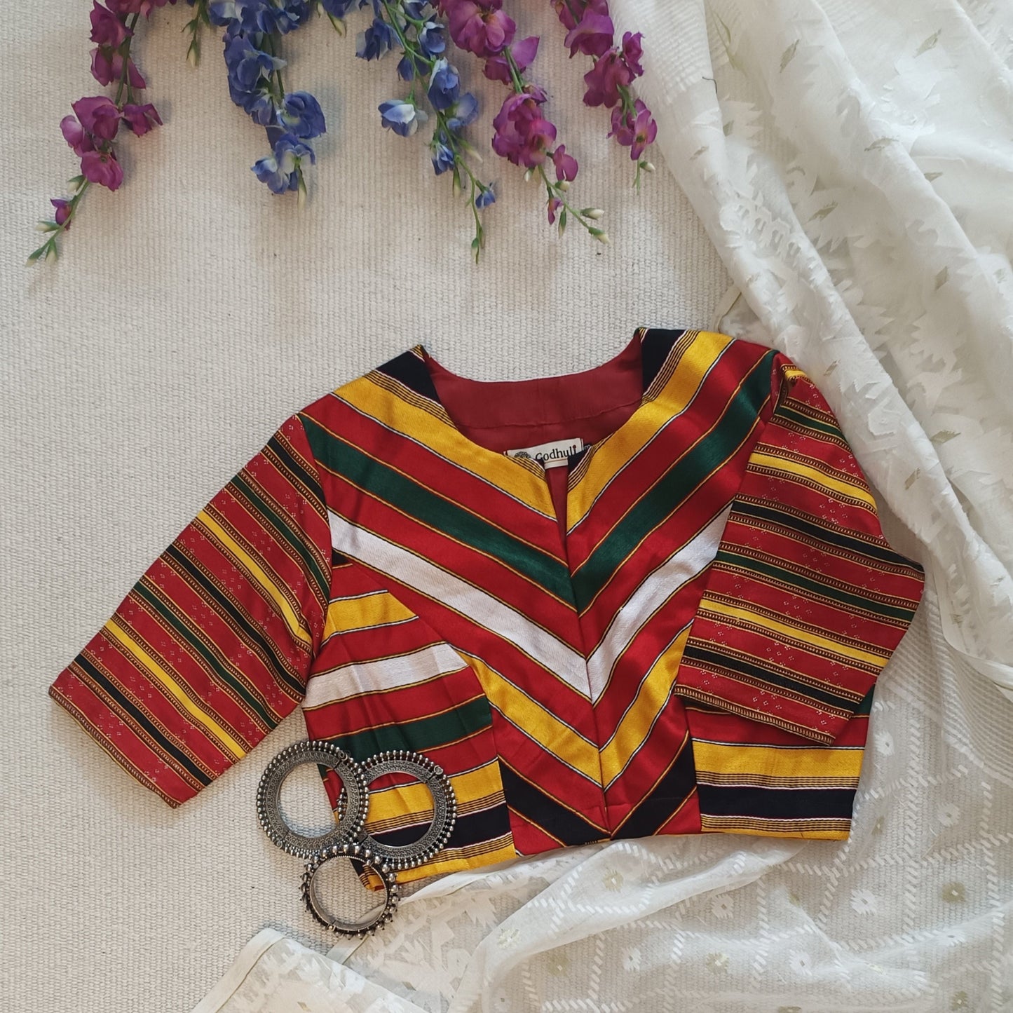 Red Black Multicoloured Gaji Silk Blouse