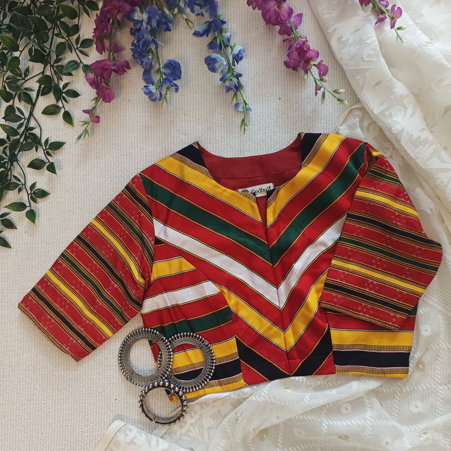 Red Black Multicoloured Gaji Silk Blouse