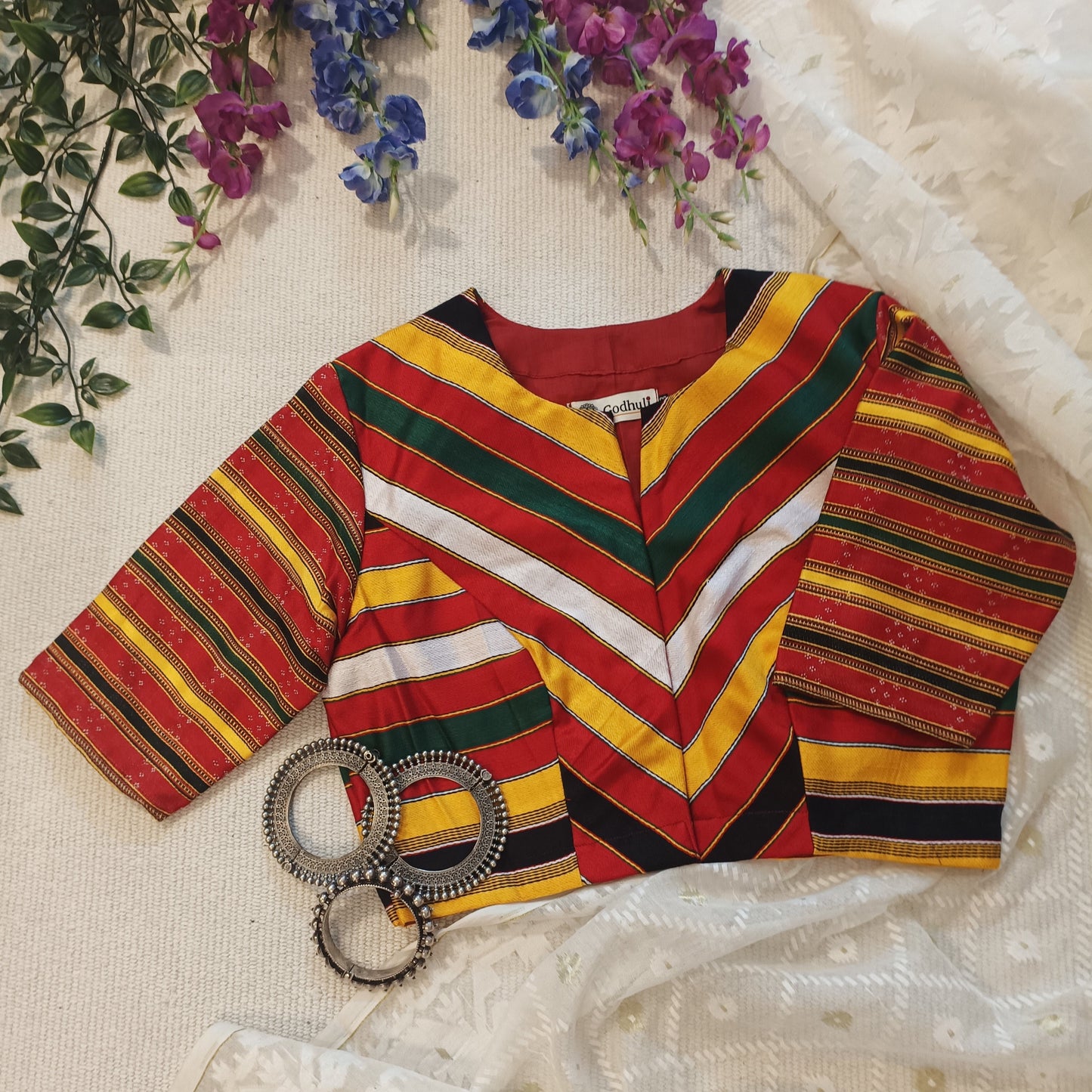 Red Black Multicoloured Gaji Silk Blouse