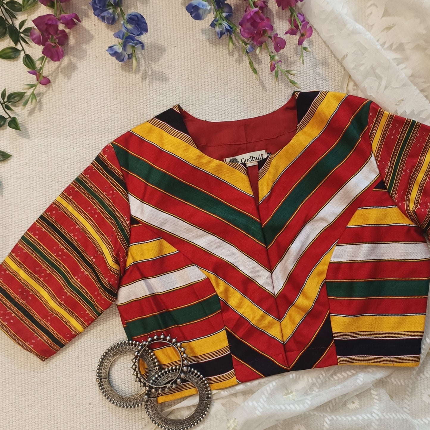 Red Black Multicoloured Gaji Silk Blouse