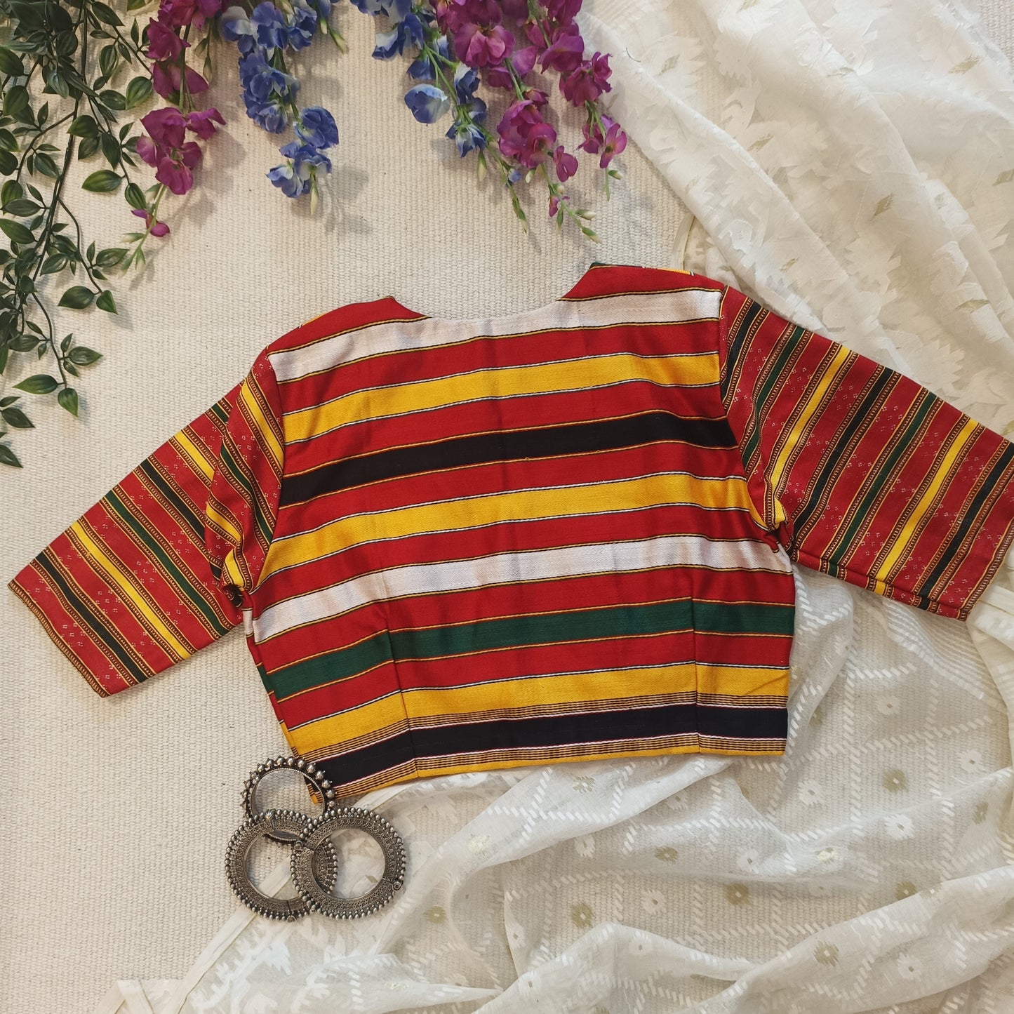 Red Black Multicoloured Gaji Silk Blouse