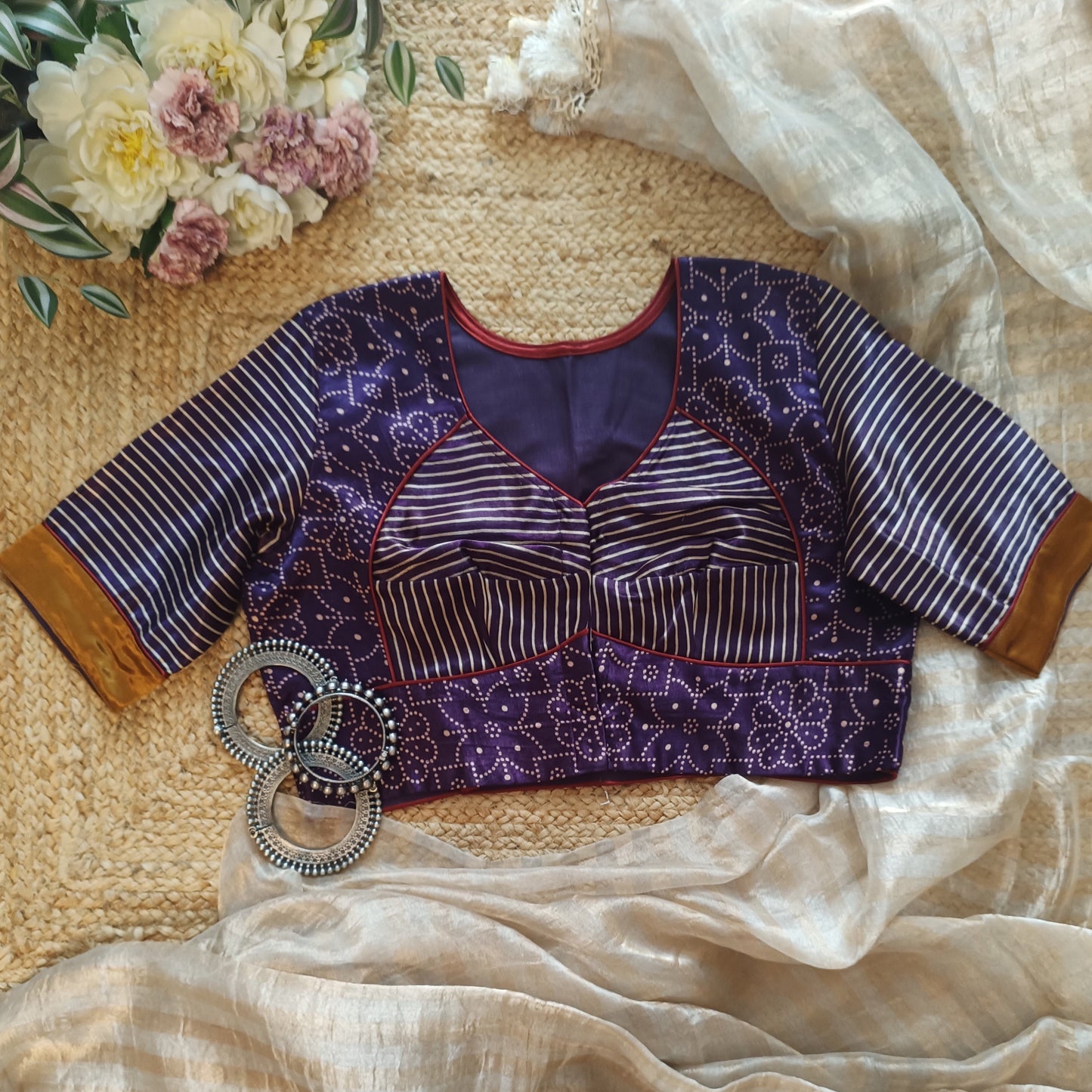 Purple Wine Floral Gaji Silk Choli Pattern Blouse