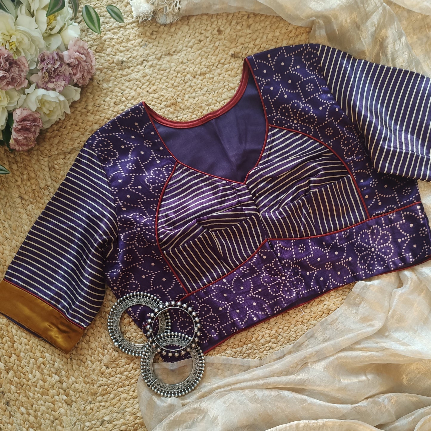 Purple Wine Floral Gaji Silk Choli Pattern Blouse