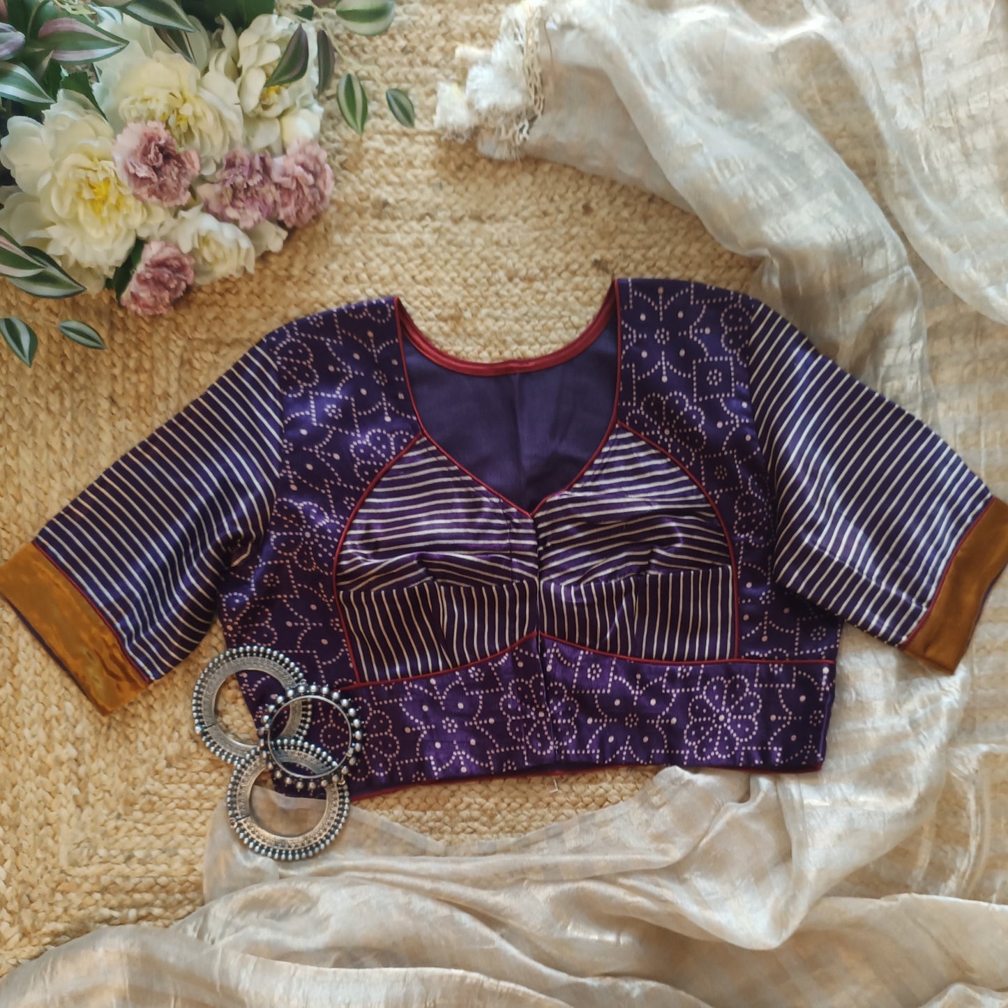 Purple Wine Floral Gaji Silk Choli Pattern Blouse