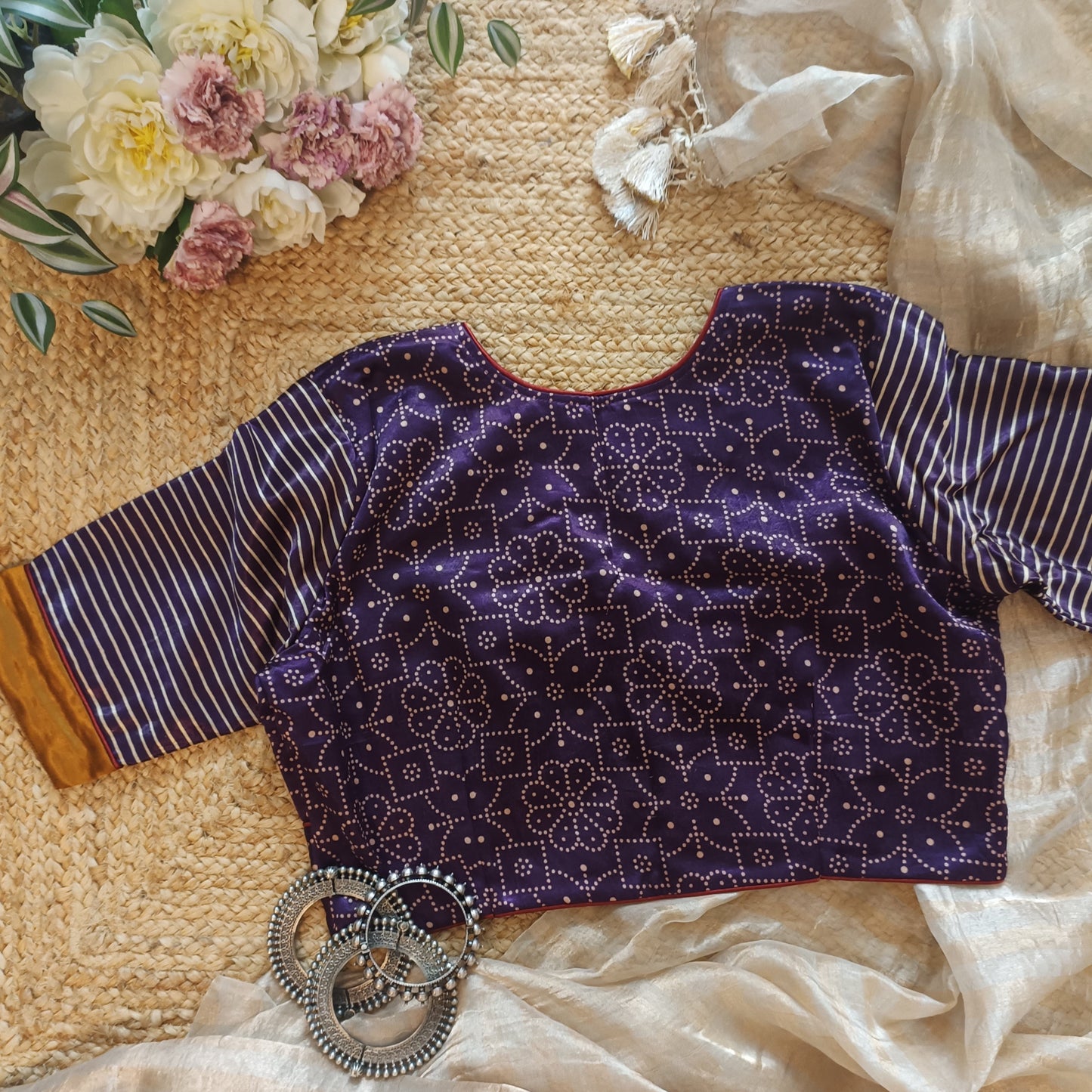 Purple Wine Floral Gaji Silk Choli Pattern Blouse