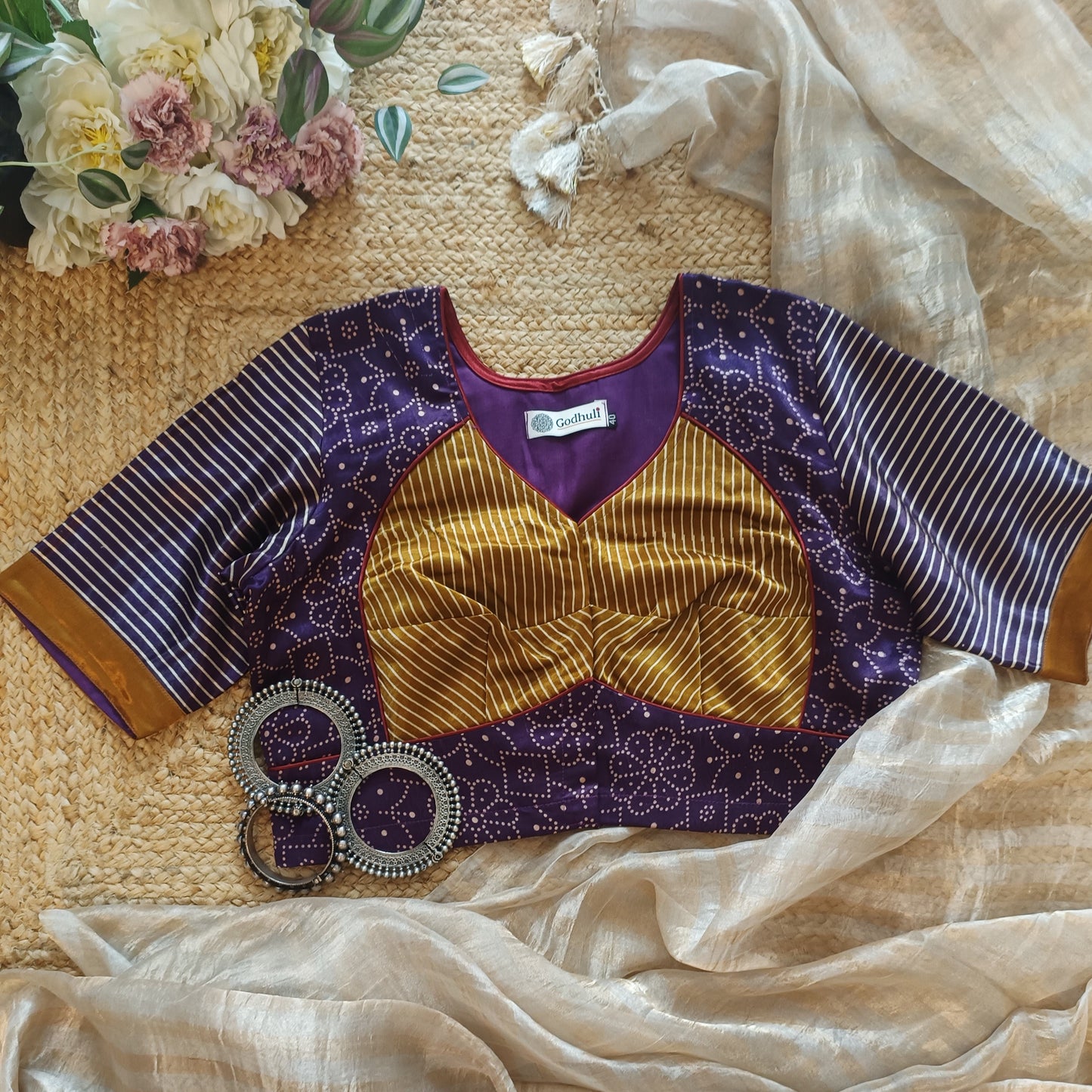 Wine Gaji Silk Blouse with Mustard Choli Pattern