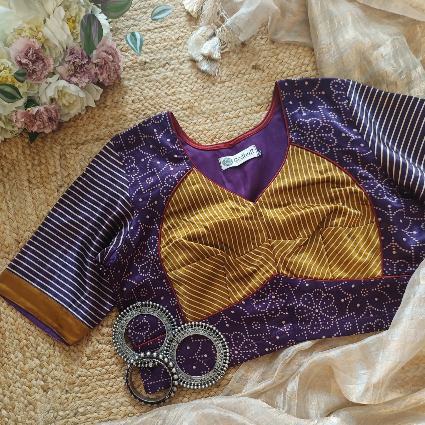 Wine Gaji Silk Blouse with Mustard Choli Pattern