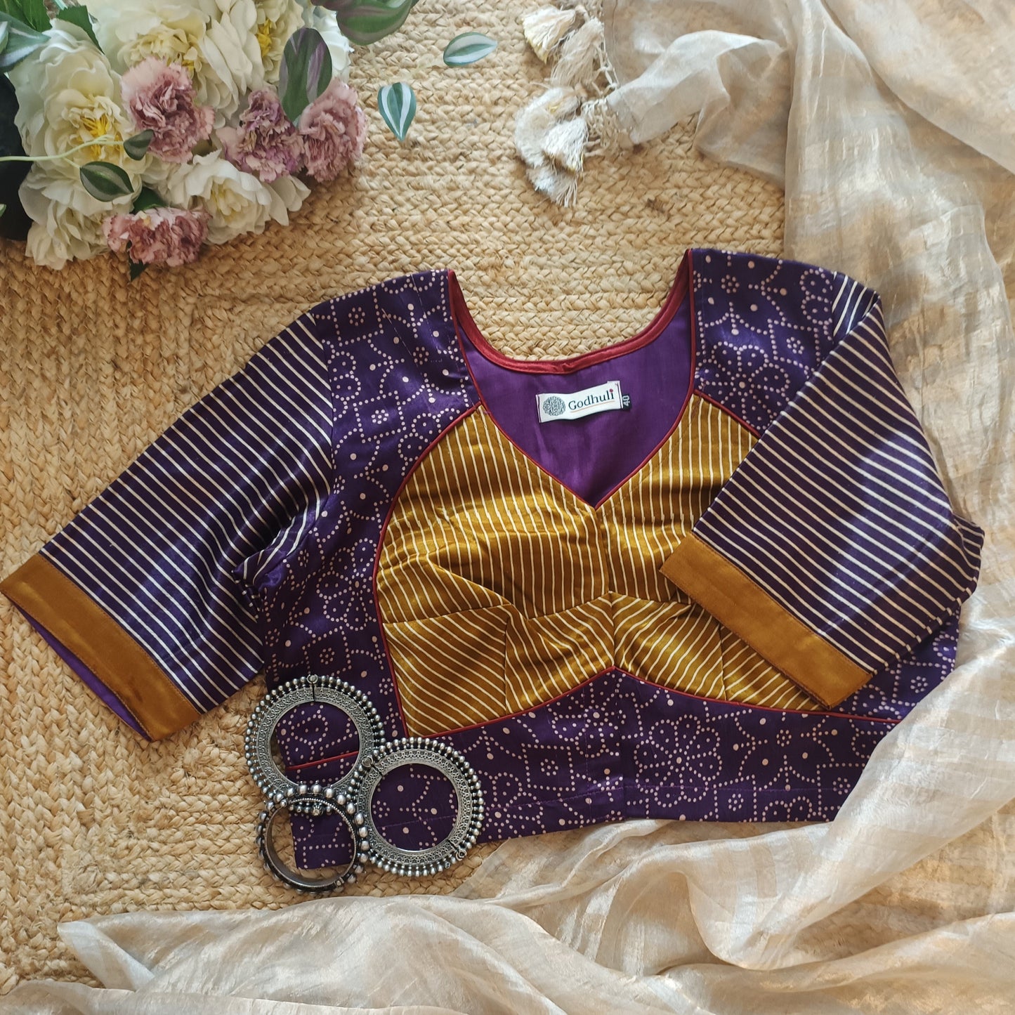 Wine Gaji Silk Blouse with Mustard Choli Pattern