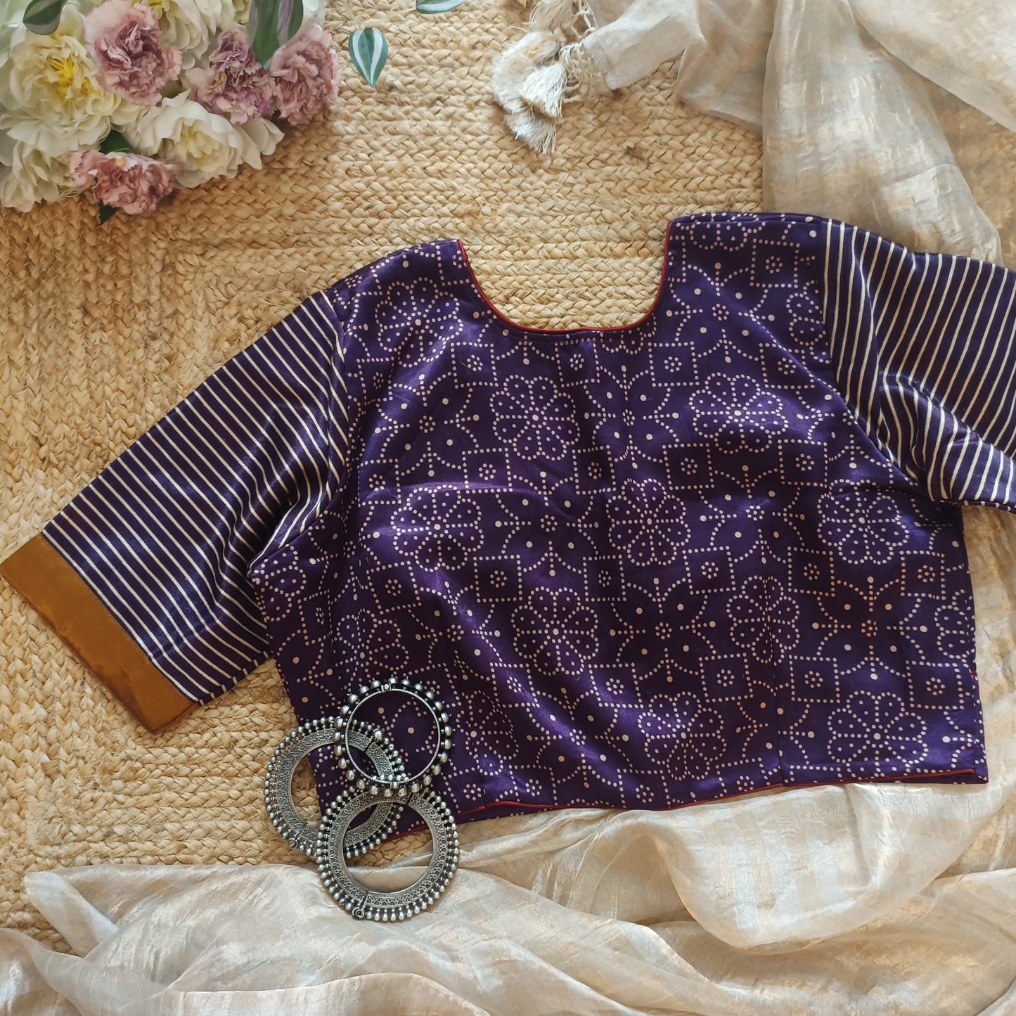 Wine Gaji Silk Blouse with Mustard Choli Pattern