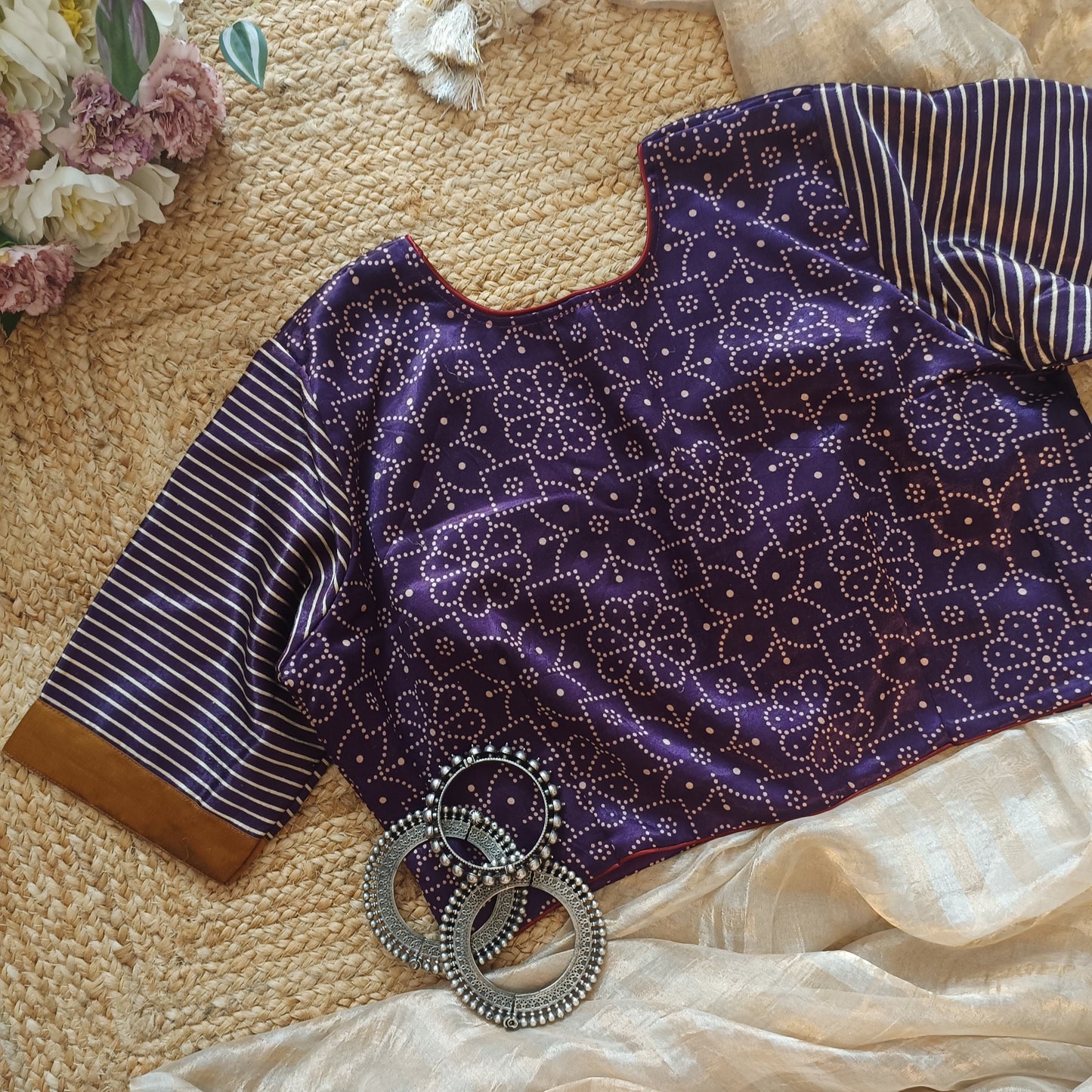 Wine Gaji Silk Blouse with Mustard Choli Pattern