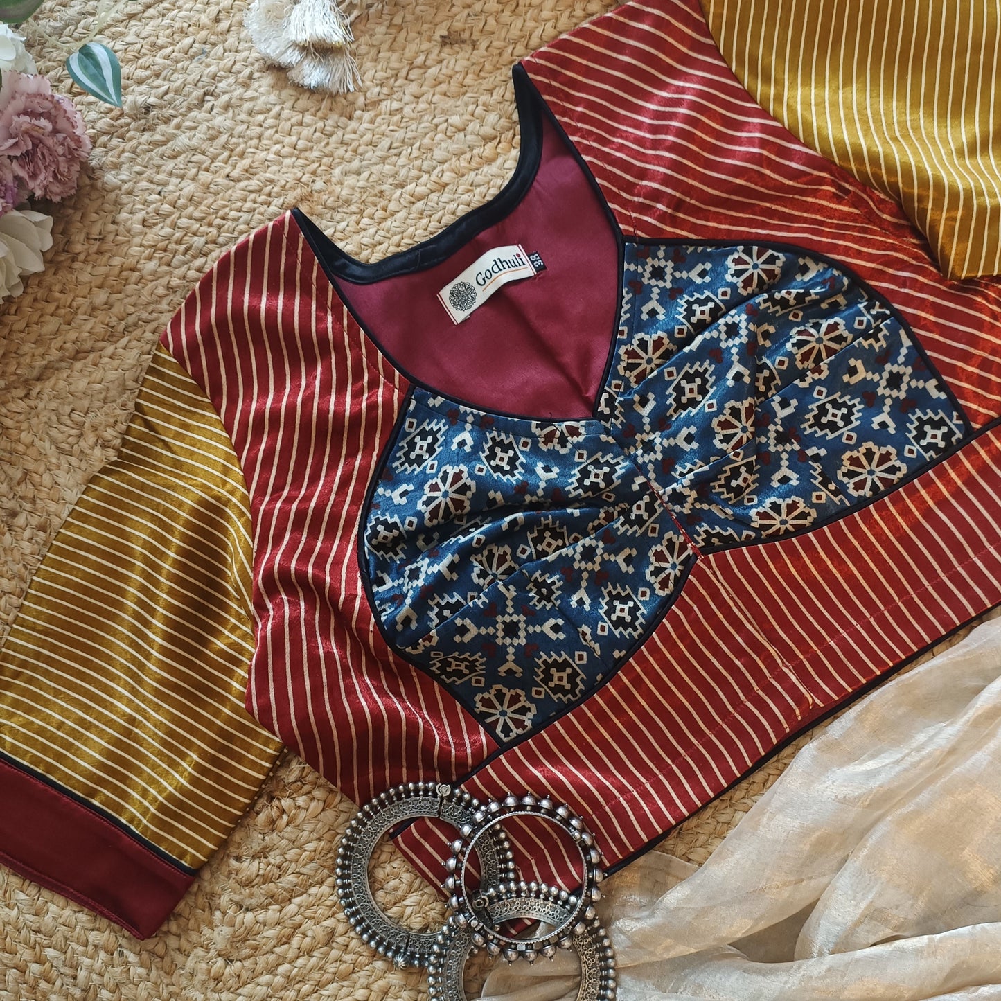 Mustard Maroon Blue Gaji Silk Choli Pattern Blouse
