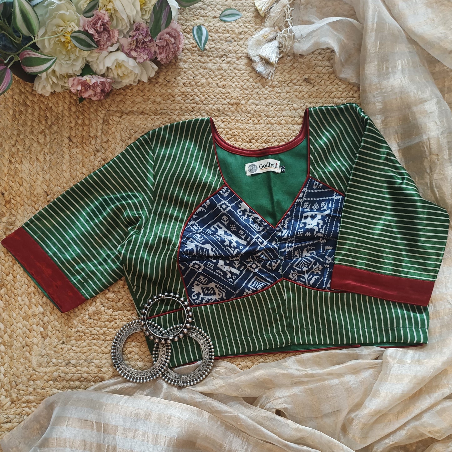 Green Blue Gaji Silk Choli Pattern Blouse
