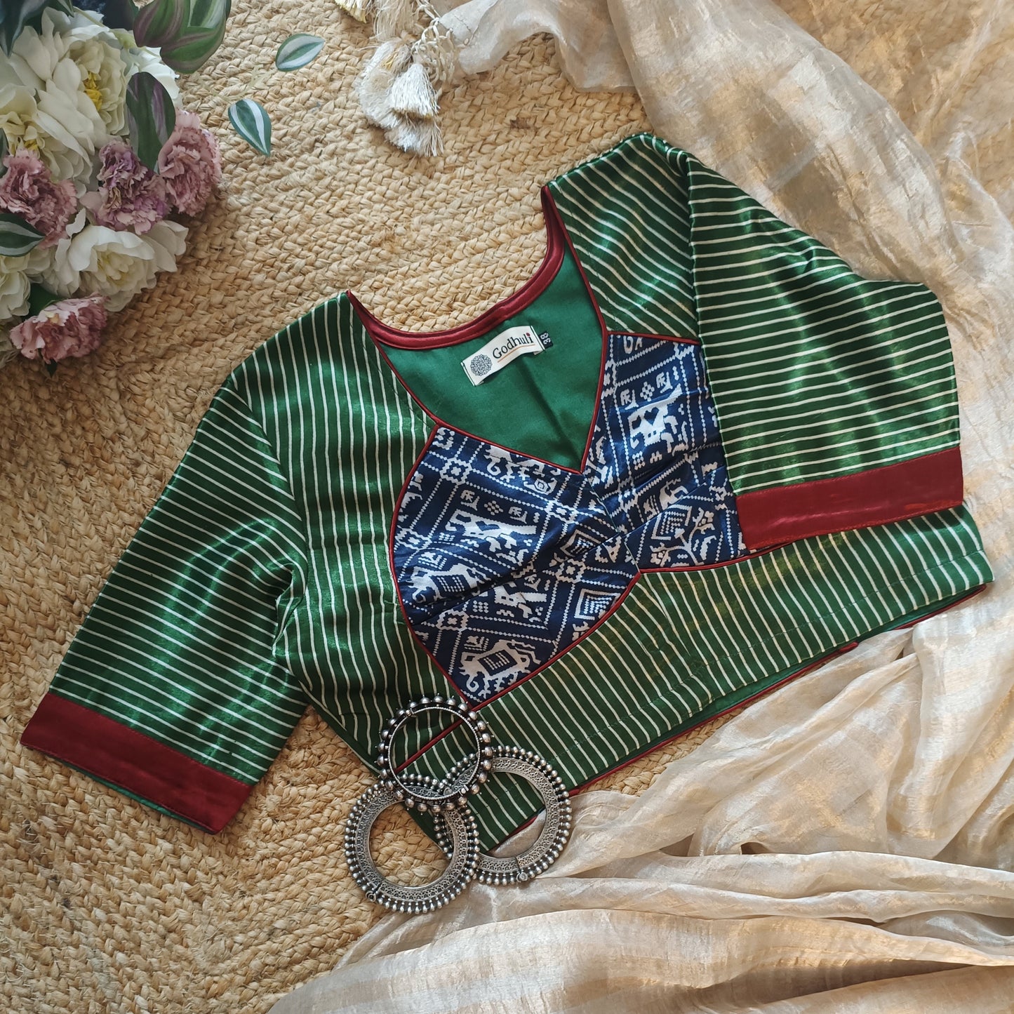 Green Blue Gaji Silk Choli Pattern Blouse