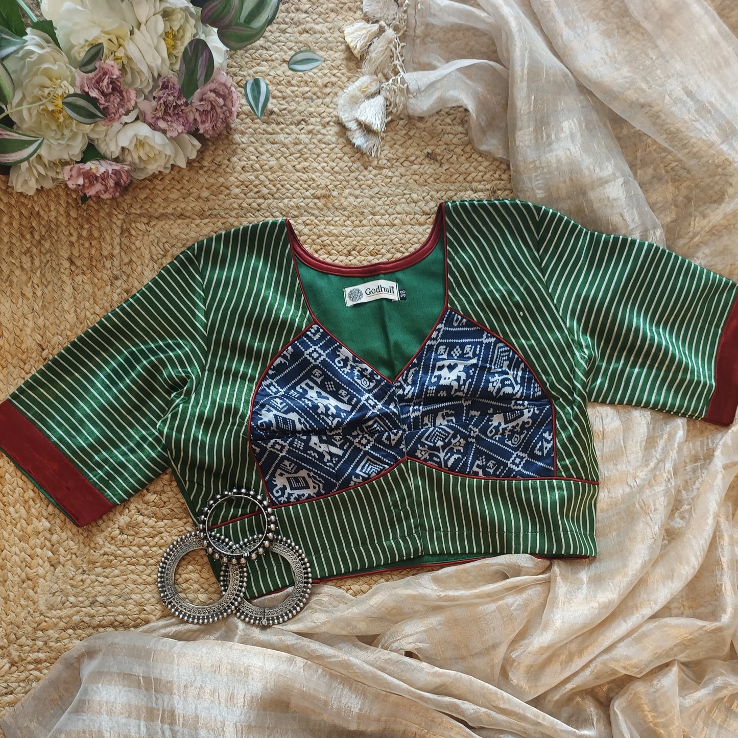 Green Blue Gaji Silk Choli Pattern Blouse