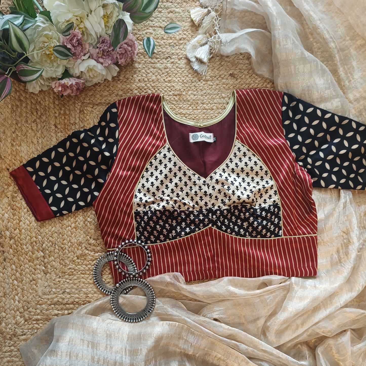 Maroon Black Beige Gaji Silk Choli Pattern Blouse